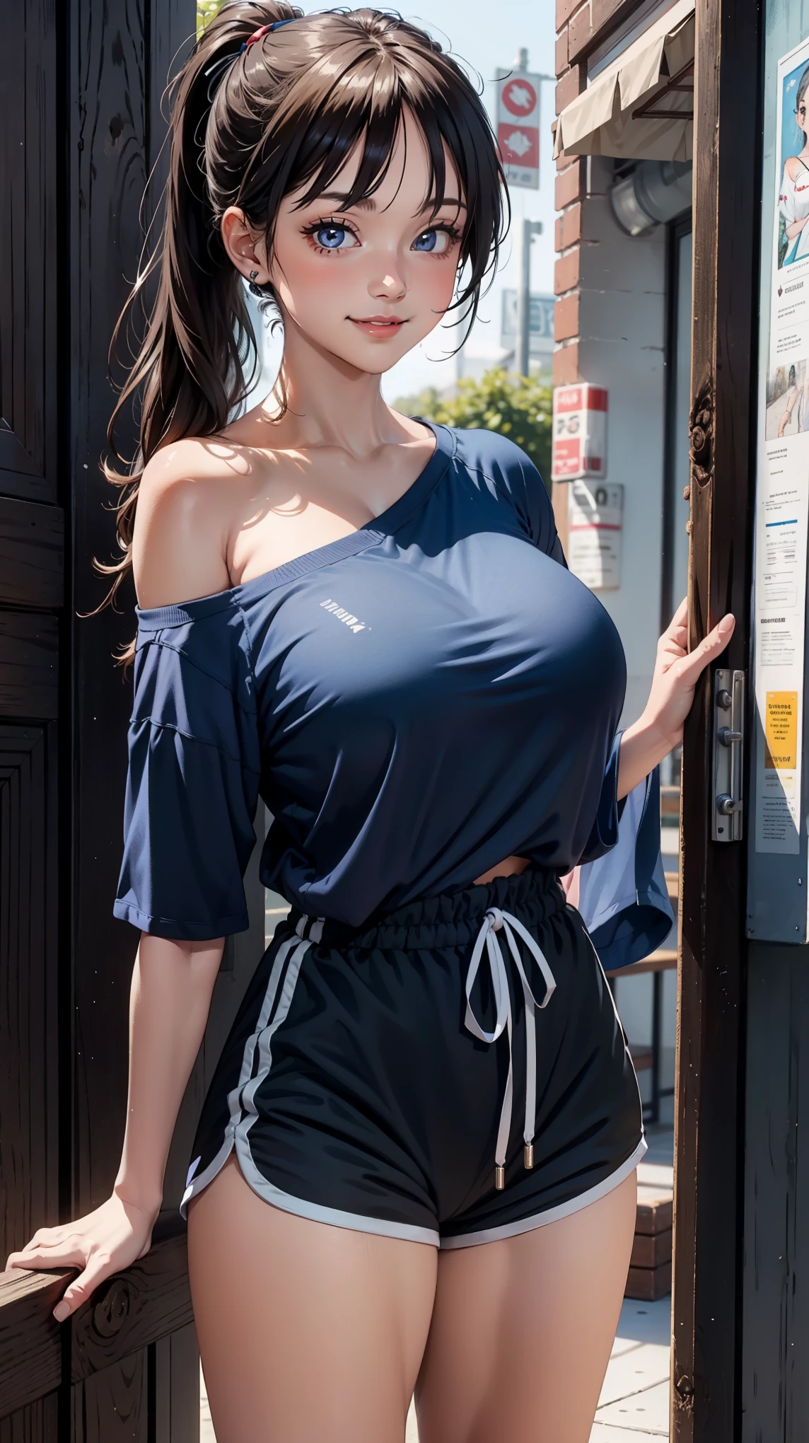 (Ponytail), young girl, masterpiece, narrow waist,huge breast, blush, detail body, outdoor, detail eyes, cg, standing, smile, (from front), dolphin shorts, (single bare shoulder shirt short), 