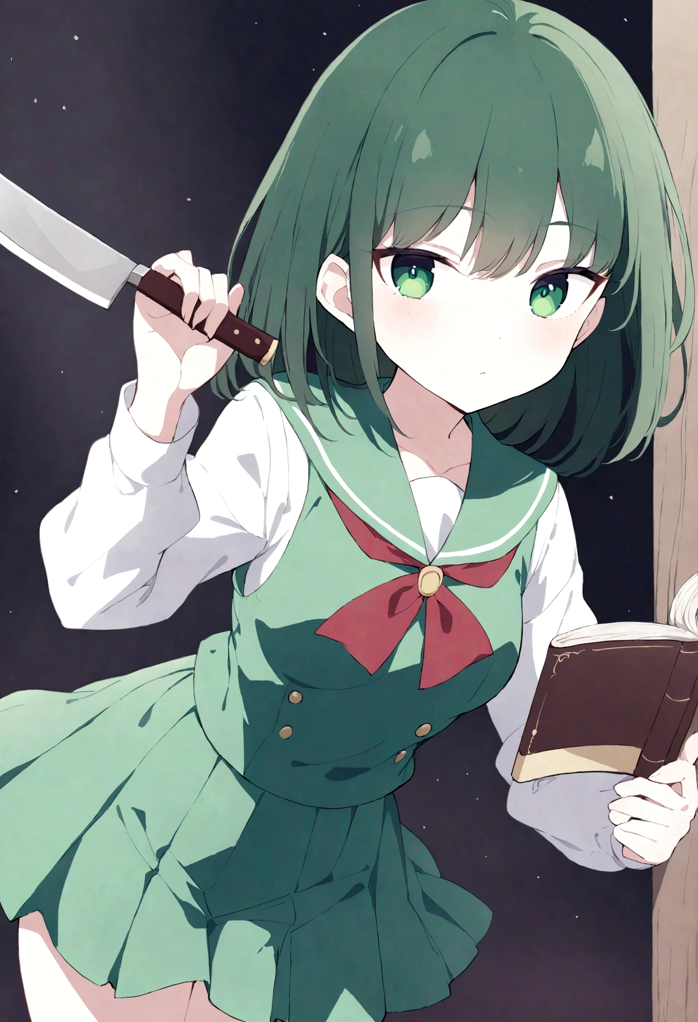 (Daisaku),(Need),(Super meticulous),(full bodyesbian:1.2), there is a woman holding a knife and a book in her hands, 1girl, magical school student uniform, magic school uniform, japanese , seifuku, japanese girl , ornate dark green clothing, dark green dress, white shirt and green skirt, girl wearing uniform, she wears a dark green dress, jk uniform, , wearing japanese (beautiful detailed face),(Beautiful and delicate eyes),
