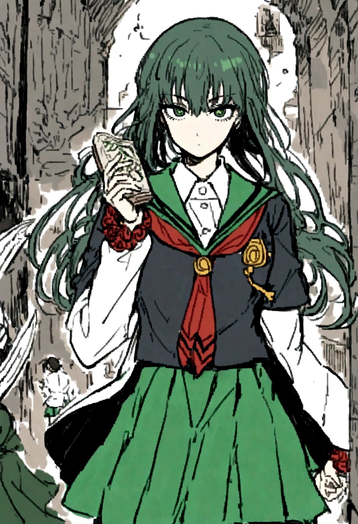 (Daisaku),(Need),(Super meticulous),(full bodyesbian:1.2), there is a woman holding a knife and a book in her hands, 1girl, magical school student uniform, magic school uniform, japanese , seifuku, japanese girl , ornate dark green clothing, dark green dress, white shirt and green skirt, girl wearing uniform, she wears a dark green dress, jk uniform, , wearing japanese (beautiful detailed face),(Beautiful and delicate eyes),