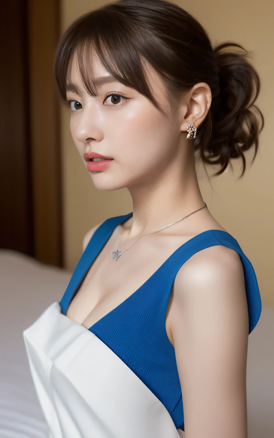 (Blue short sleeveVWearing a neck uniform,The whole body is visible:2.0),
(No bra, The shape of the nipples is visible,Beautiful thighs, Ultra-detailed skin,Tiny pores in the skin:1.5),
((She sits deep in bed, She leans forward and pushes her breasts together, She is squirming with pleasure, Her body is incredibly beautiful and stylish, I touch her from her chest to her whole body violently., Her face is so cute when she feels it :1.3)),
((22 years old, Beautiful college girl, Sexy body, She loves sex, the body is facing forward:1.4)),
((Small breasts, Flat Chest:1.2)),
((Bedroom at home, Complete darkness:1.4)),
Eye focus, Narrow shoulders, Beautiful clavicle, length, Thin arms, Thin legs, The back of the hand is beautiful and feminine, Slim figure, Soft belly, Tight waist, Highly detailed face, super detailed breasts, Ultra-detailed skin, Fair skin, Shiny skin, Ultra-detailed lips, Fuller lips, Glossy pink lips, Blushed, White teeth, Beautiful actress makeup, Annuit Makeup, Pink lipstick, Dark brown hair, Delicate and soft hair, (Put your hair up, Fluffy short bob, ponytail:1.2), (Sweep your bangs to the side:1.2), (Stylish earrings,necklace:1.2),