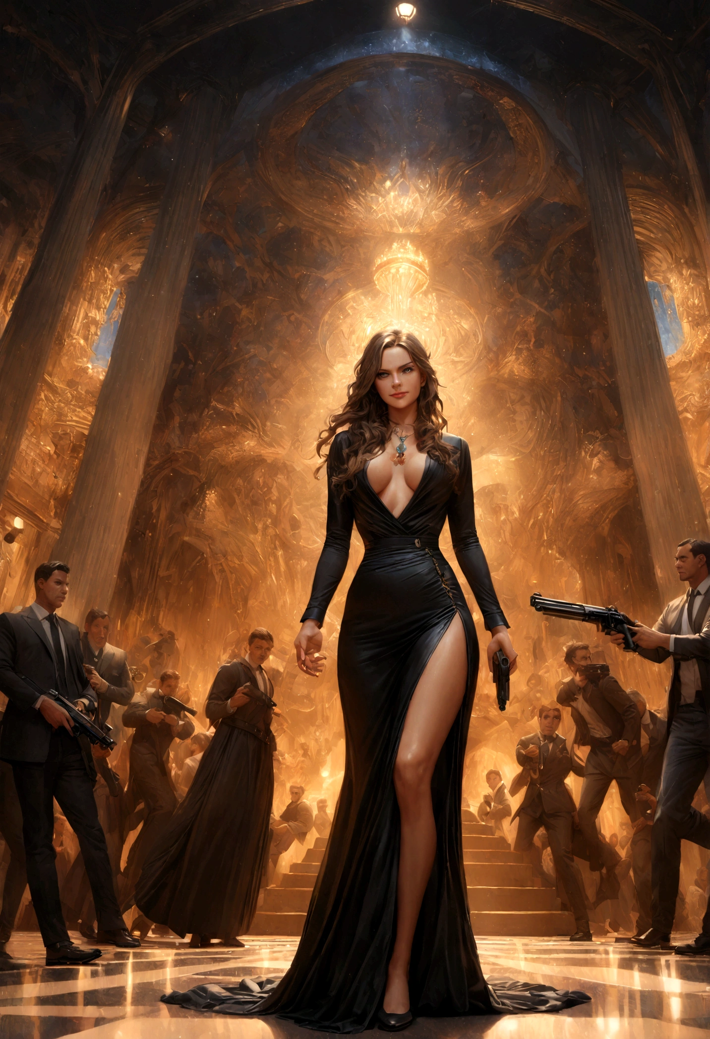 (Best quality:1.4), (ultra detailed:1.4), full body shot , ana de armas, smirk, smirk, sexy one piece semi long dress opened on chest, spy outfit,holding a gun and shooting at enemies,war set,highly detailed,photorealistic,intricate details,dramatic lighting,cinematic composition,vibrant colors,dynamic action pose, casino setup, lots of people around