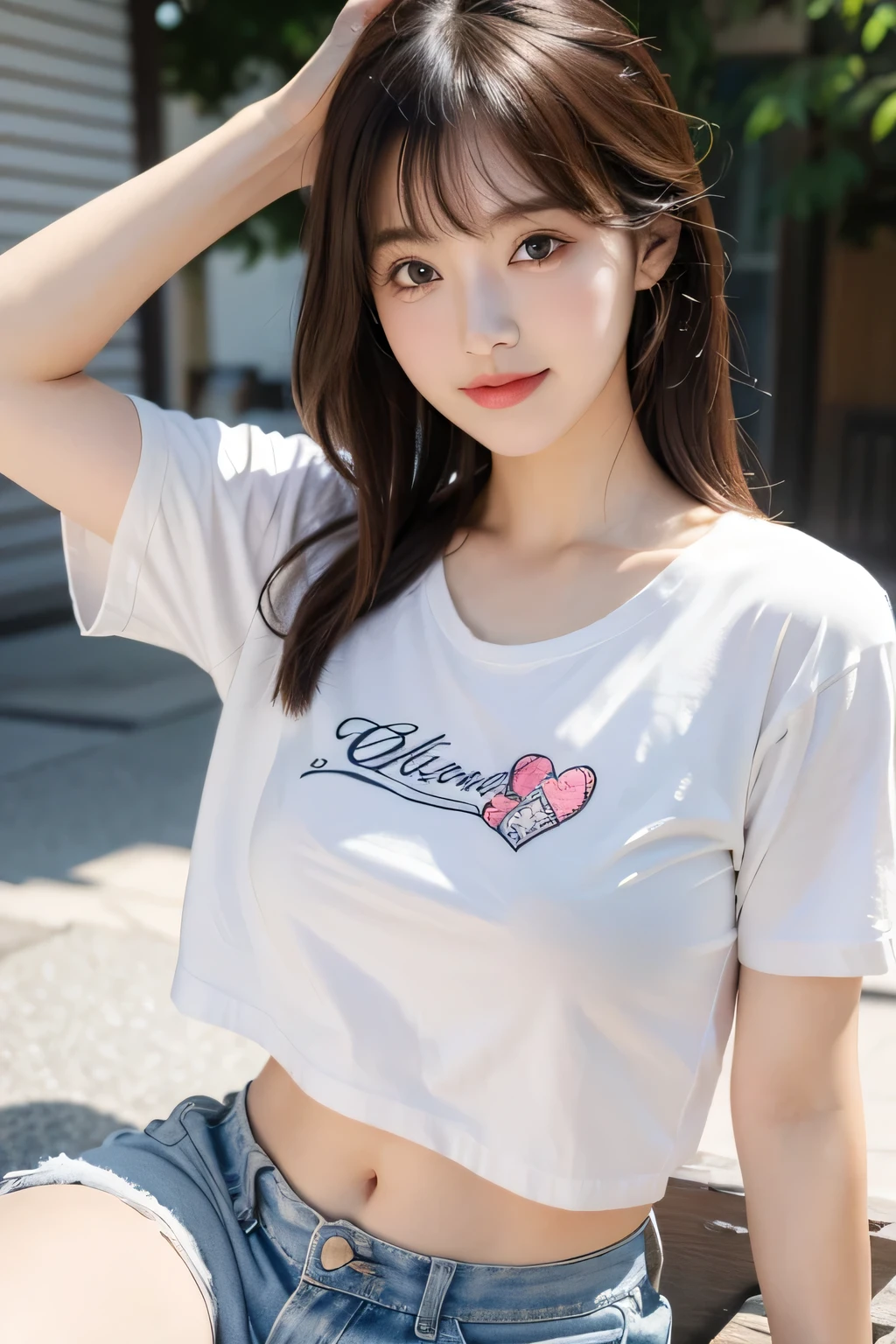 ((highest quality)), ((masterpiece)), (detailed), Perfect face masutepiece, Best Quality, Illustration, Ultra-detailed, finely detail, hight resolution, 8K Wallpaper, Perfect dynamic composition, Beautiful detailed eyes, Women's Fashion Summer,Medium Hair,Small breasts natural color lip, Bold sexy poses,Smile,Harajuku、20 years girl、Cute、Sexy shot looking at camera、White Tshirt、