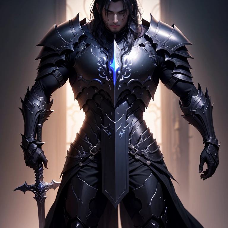 a male dark paladin wearing a black armor, holding a large sword, dynamic pose