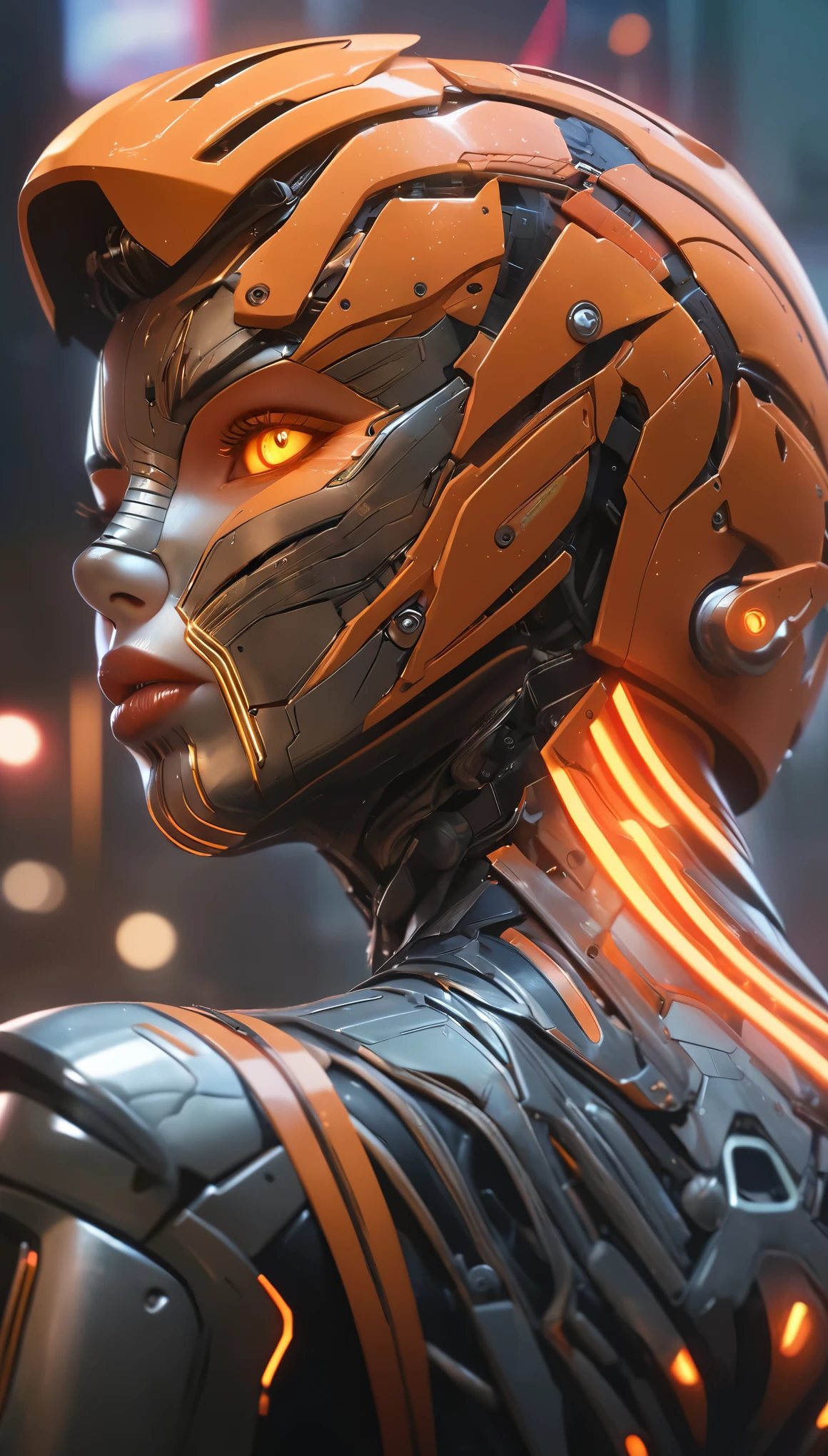 (melhor qualidade,4k,8K,high resolution,Obra de arte:1.2),ultra-detalhado,(realista,photorealista,photo-realista:1.37),(from behind:1.5),1  androide, lindos olhos detalhados, beautiful detailed lips, olhos e rosto extremamente detalhados, long eyelashes, metallic skin, mechanical body,design atraente,fierce expression,recursos inspirados no tigre,impressionantes listras laranja e pretas,glowing neon lights,wisps of exhaust smoke,urban science fiction setting,atmosfera corajosa,Skyline da cidade em segundo plano,High-tech gadgets and accessories,visualmente deslumbrante,artistas conceituais,Impressionante arte digital,cores vivas,Dynamic perspective,dramatic lighting,emitting ethereal glow,sharp focus,extraordinary details,highly detailed robotic limbs,elegant and polished surface,estilo industrial,Improved strength and agility,androids that resemble wild animals,mistura de beleza e poder,exuding a sense of mystery,cena intensa e cativante,blurring the boundaries between machine and nature, (olhos de tigre brilhantes:1.5)