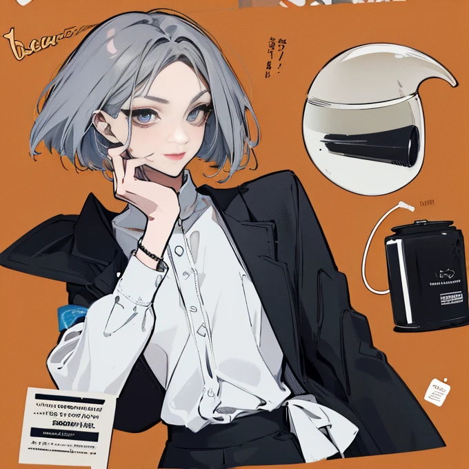 Short Hair,Uniform hair length,Hair color: dark ash gray,The ends of my hair are curly,Barista,Simple fashion clothes,Black V-neck long sleeve dress,Cool Beauty,28-year-old woman,A slight smile on your lips,A mole under the left lip,Stylish cafe,Kind-looking thin eyebrows,Illustration by only one woman,Having a Coffee Pot,highest quality,Hiding forehead,Bangs are diagonal,One simple silver bracelet on the right wrist,coffee,The background is a cafe,Espresso machine,Red lipstick,Precise down to the smallest detail,Left eye wink,Black trousers,no neckless