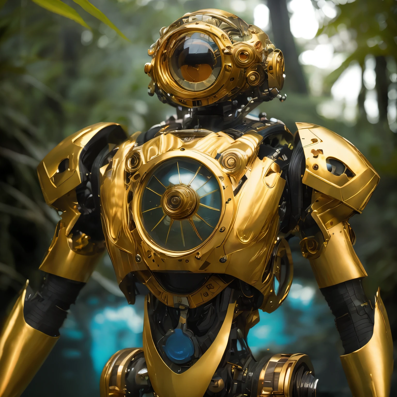 A full photo of transparent gold slender worn mech suit, one central lenticular eye, one big central eye, ((light bokeh)), intricate, ((translucent) liquid water [rust]), elegant, sharp focus, photo by greg rutkowski, soft lighting, vibrant colors, masterpiece, ((dark jungle)), detailed face