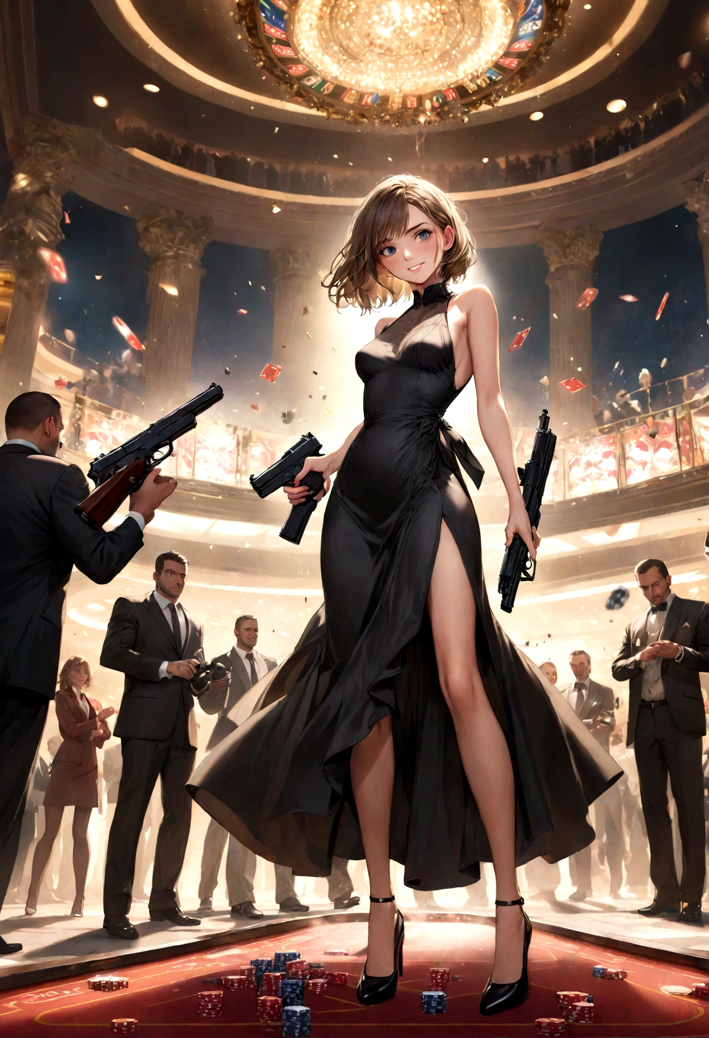 (Best quality:1.4), (ultra detailed:1.4), full body shot , ana de armas, smirk, smirk, sexy one piece semi long dress opened on chest, spy outfit,holding a gun and shooting at enemies,war set,highly detailed,photorealistic,intricate details,dramatic lighting,cinematic composition,vibrant colors,dynamic action pose, casino setup, lots of people around