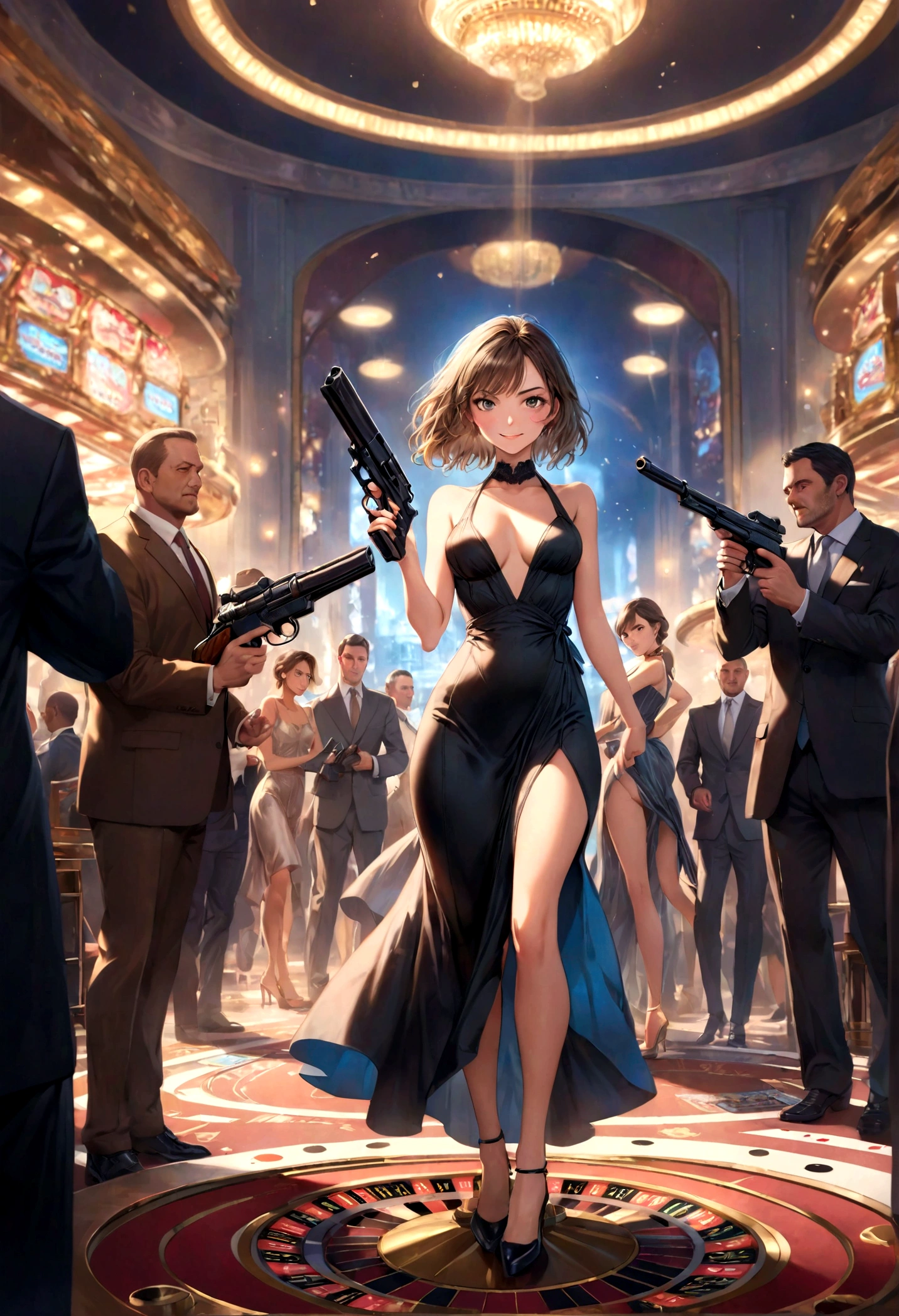 (Best quality:1.4), (ultra detailed:1.4), full body shot , ana de armas, smirk, smirk, sexy one piece semi long dress opened on chest, spy outfit,holding a gun and shooting at enemies,war set,highly detailed,photorealistic,intricate details,dramatic lighting,cinematic composition,vibrant colors,dynamic action pose, casino setup, lots of people around