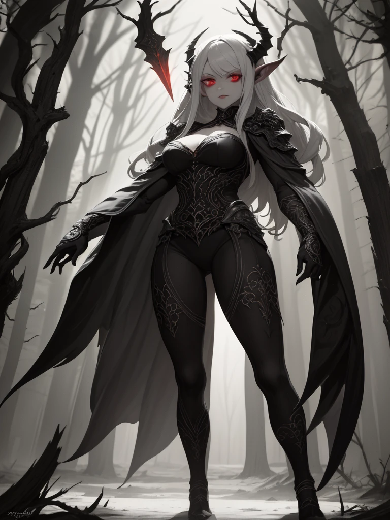 A stunning artwork of a fierce demonic elf standing in a cursed forest. The full-body view showcases her in dark armor, exuding an aura of malevolent grace and unyielding power. Her long, flowing dark gray hair frames a face of eerie beauty, highlighted by red eyes that glow with otherworldly menace. She holds a cursed sword, intricately designed and radiating dark energy, adding to her formidable presence. The scenery around her is a twisted, shadowy forest with gnarled trees and glowing red eyes peering from the darkness. Mist and sinister shadows enhance the ominous atmosphere, creating a scene of haunting dread.