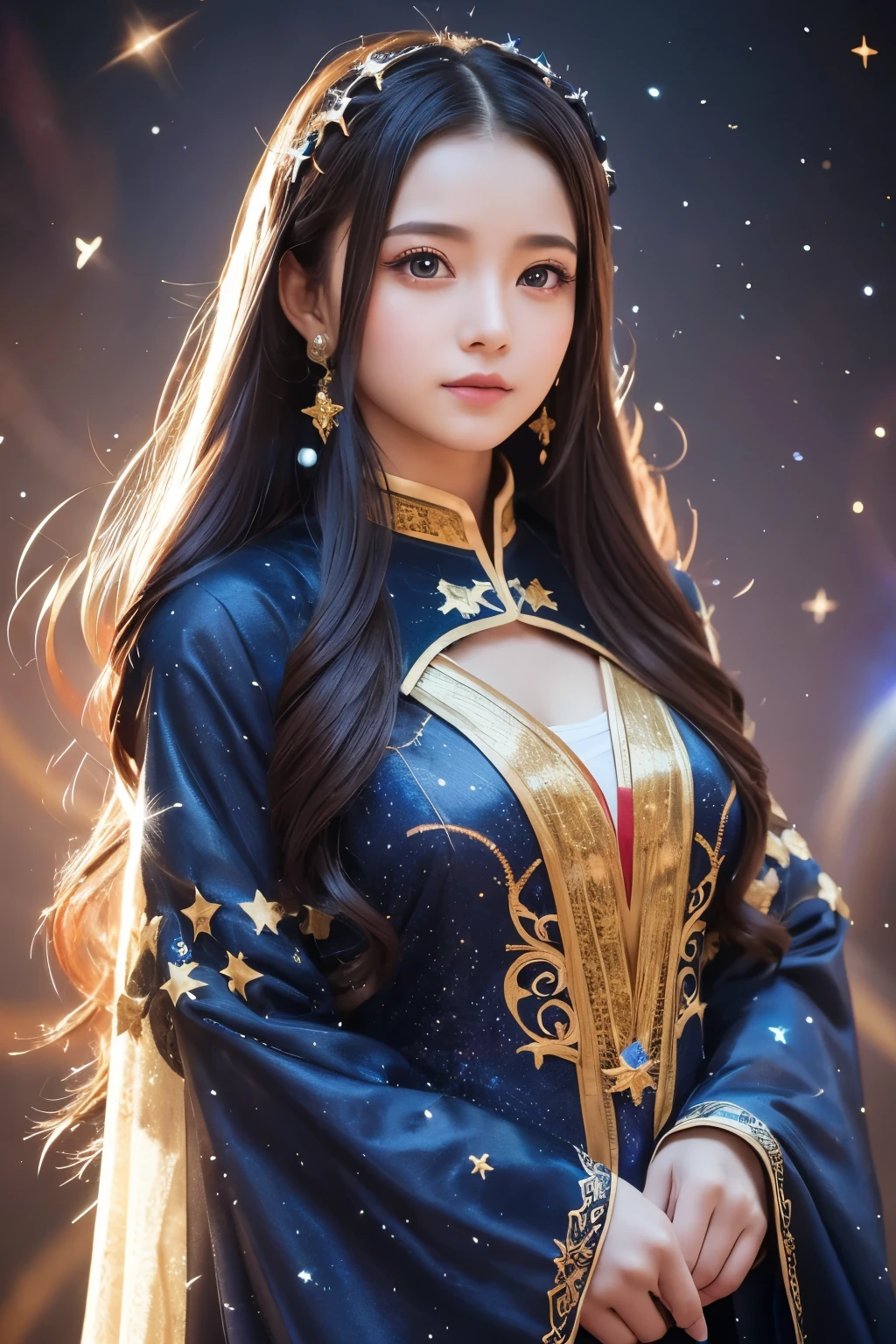 A young woman standing with the universe as a background、Wearing gorgeous cosplay costumes。Her hair is long、It&#39;s purple and tied in twin tails.。The costume is based on blue-green.、Gold decorations and ribbons are used everywhere.。The dress features ruffles and buttons.、The sleeves have white ruffles。

Her expression is full of confidence.、Looking straight into the camera。The background features fantastic light effects like stars and galaxies.、highlights her presence。The details of the costume are intricately embroidered and decorated.、It&#39;s a very intricate design。

Her appearance is、It&#39;s like an anime or game character.、The overall look is fantastical and unrealistic.。The background and the costumes match、It enhances her presence even more.。