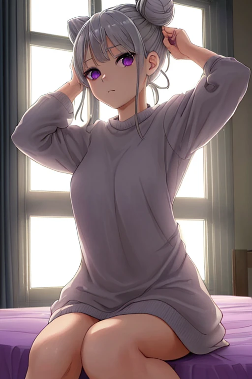 4k, HD, better quality, work of art, gray hair, has one hair buns, purple eyes, cute, is sitting on her bed, has one of his hands on his head, the sunlight is coming through the window,