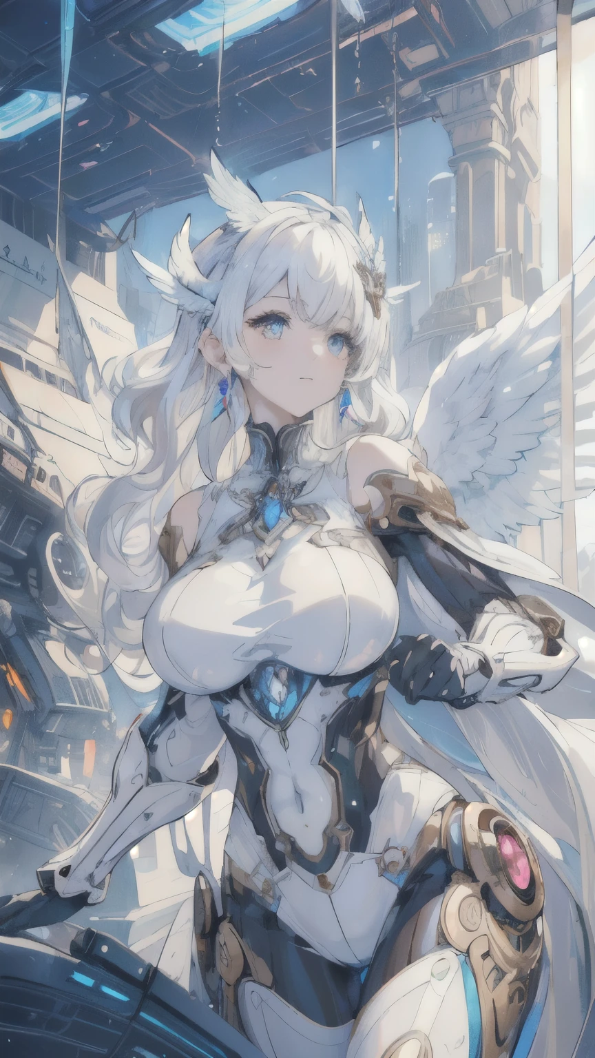 ((best quality)), ((masterpiece)), (detailed face and eyes:1.2), perfect face, white hair, curly hair, long hair, hairclip, crystal earrings, closed mouth, Futurism, interior architecture, cinematic lighting, backlighting, Steampunk, sci-fi, giant mechanical towers, A girl with angel wings on her back, ((Machine body)), mechanical angel