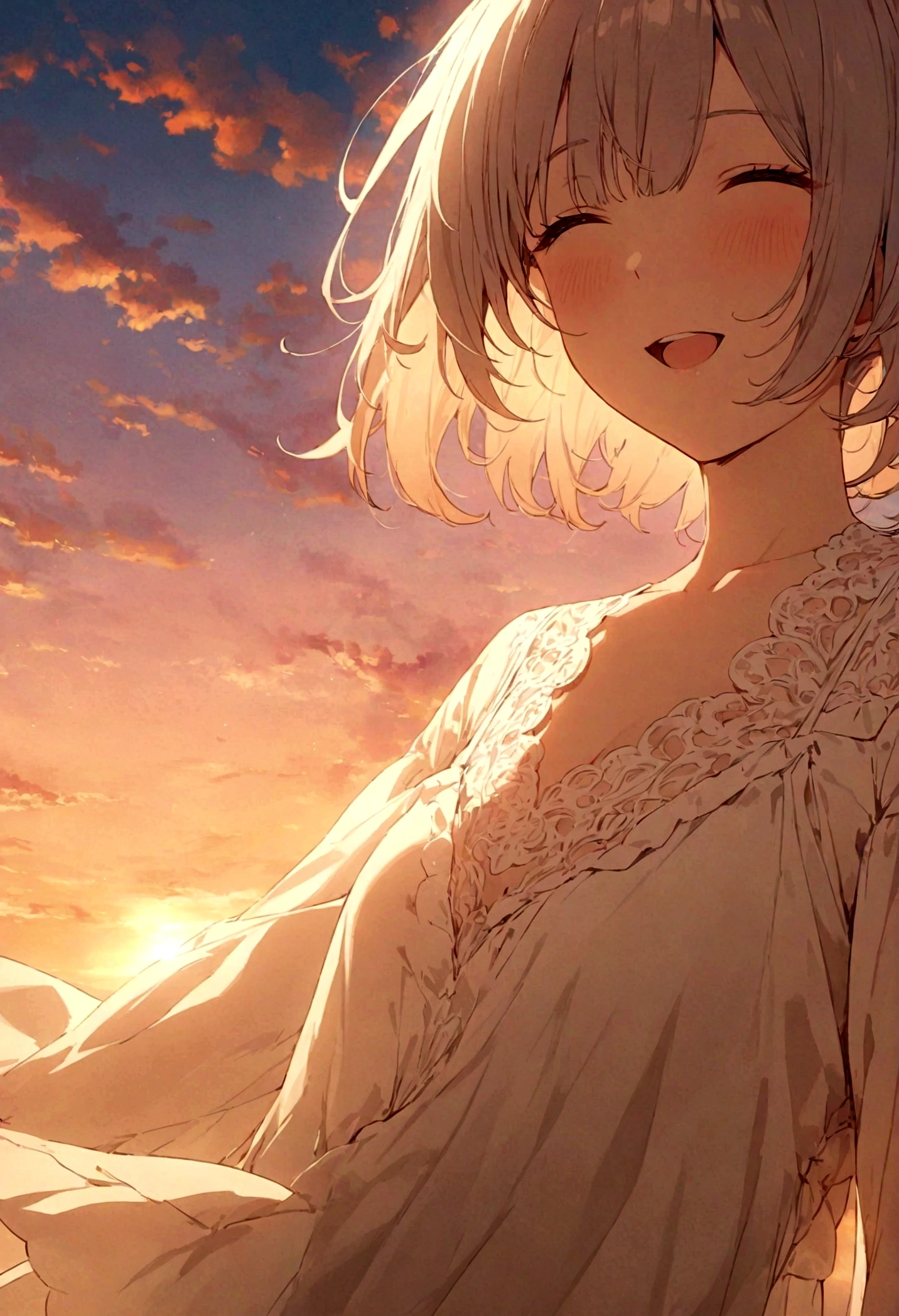 masterpiece, highest quality, Movie stills, One girl, Cloud Girl, Floating in the sky, close, bright, Happy, Warm and soft lighting, sunset, (spark:0.7)
