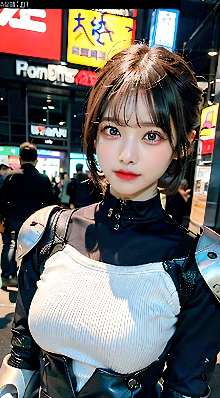 (On the table:1.3), (The best of cinematic quality:1.2), (Very detailed settings:2), (soft+Artistic lighting), (1 Boylou Short Hair, (Eyes+of+red:1.4), (Variegated eyes+Heterochromia iridis), Wear cyberpunk clothes, Futuristic, technology, street of scenery (Robots around)0.4], give a dramatic perspective.Body