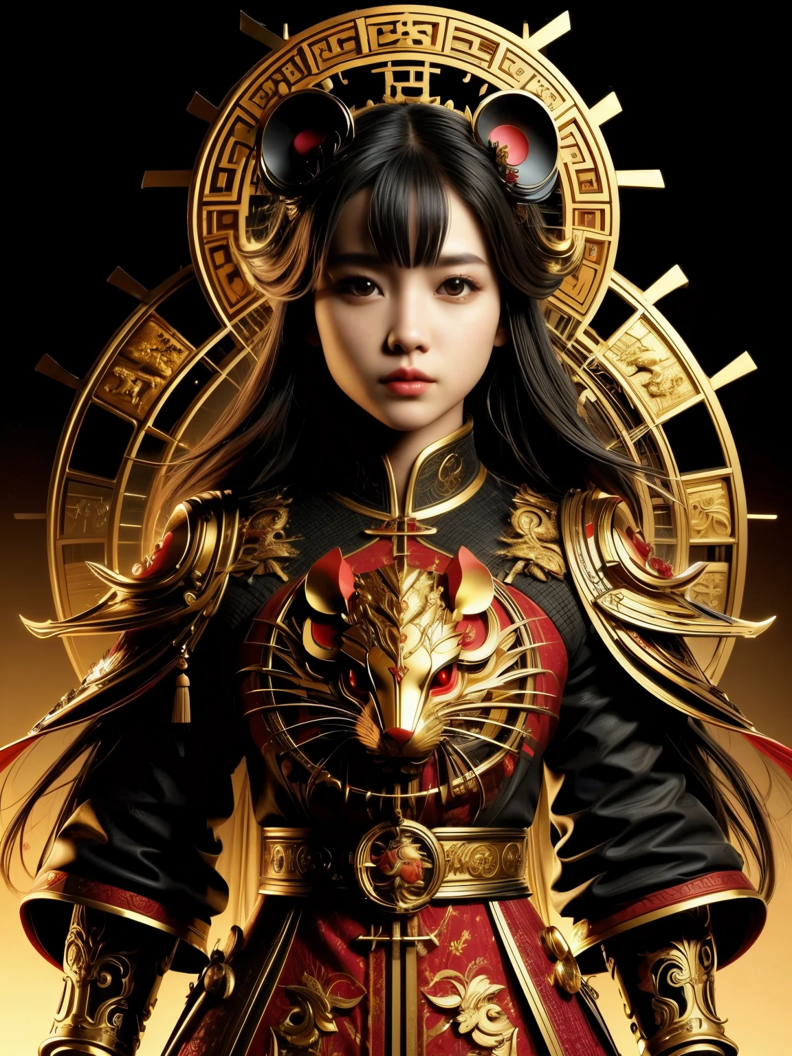 (high quality), (masterpiece), (detailed), 8K, Hyper-realistic illustration depicts (Japanese girl1.3) adorned in intricately designed (Chinese zodiac attire1.2) of the Rat, showcasing (vibrant red1.2) and (gold accents1.2). Her (porcelain skin1.2) glows with subtle (soft focus1.2) effect, while (luscious black hair1.2) cascades down her back. In style of Ayami Kojima, trending on Artstation.