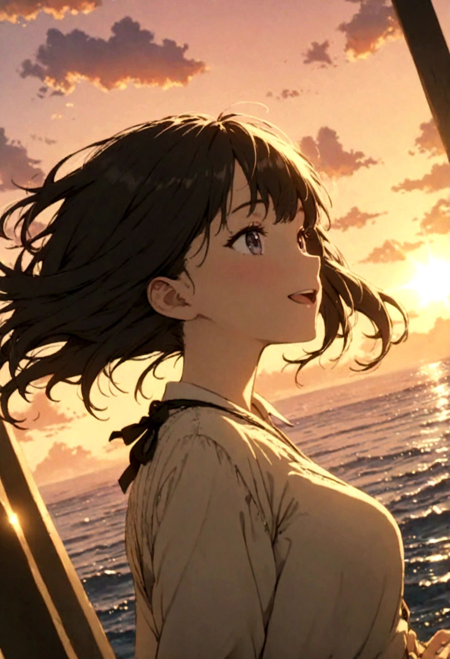 masterpiece, highest quality, Movie stills, One girl, Cloud Girl, Floating in the sky, close, bright, Happy, Warm and soft lighting, sunset, (spark:0.7)