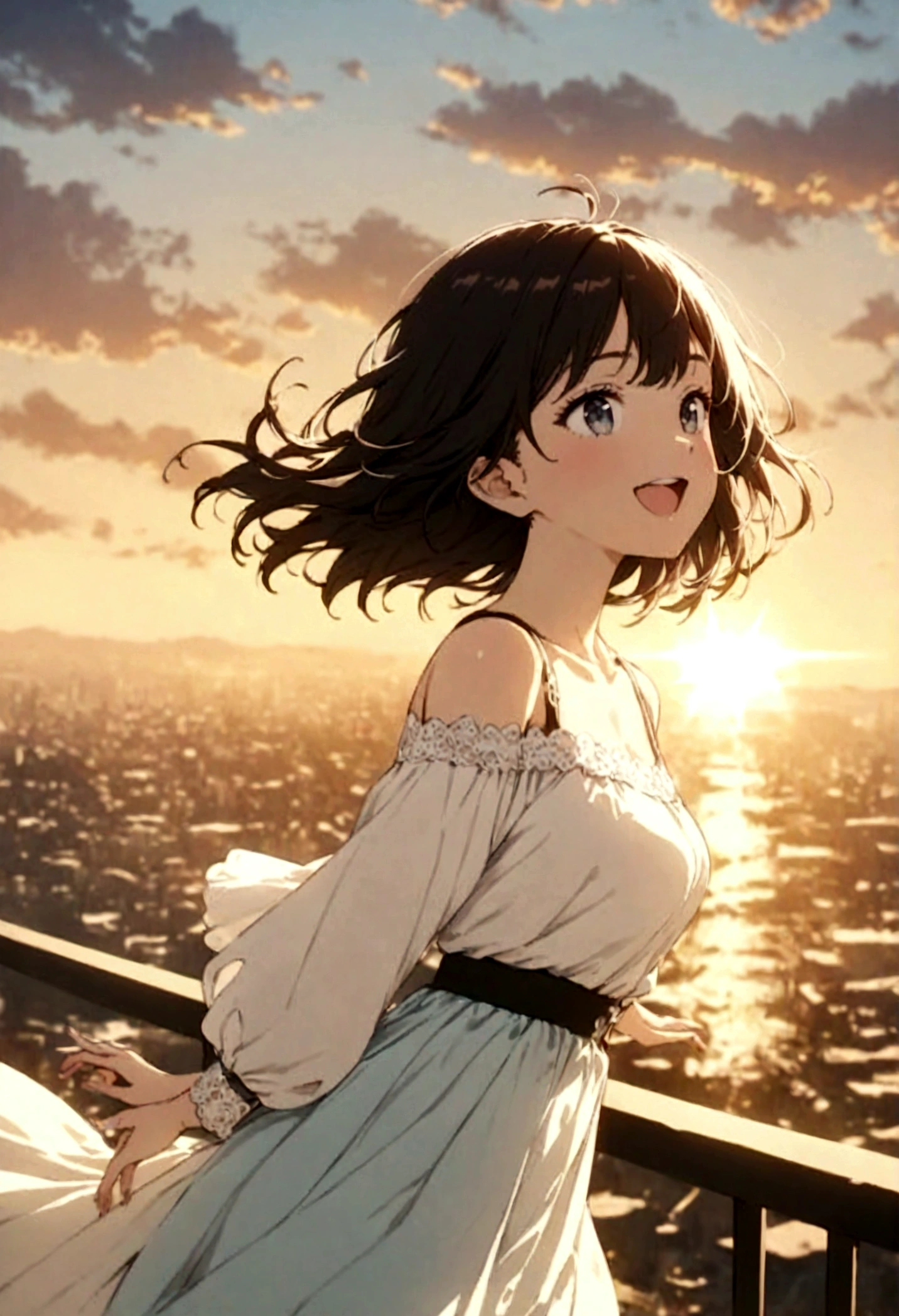 masterpiece, highest quality, Movie stills, One girl, Cloud Girl, Floating in the sky, close, bright, Happy, Warm and soft lighting, sunset, (spark:0.7)