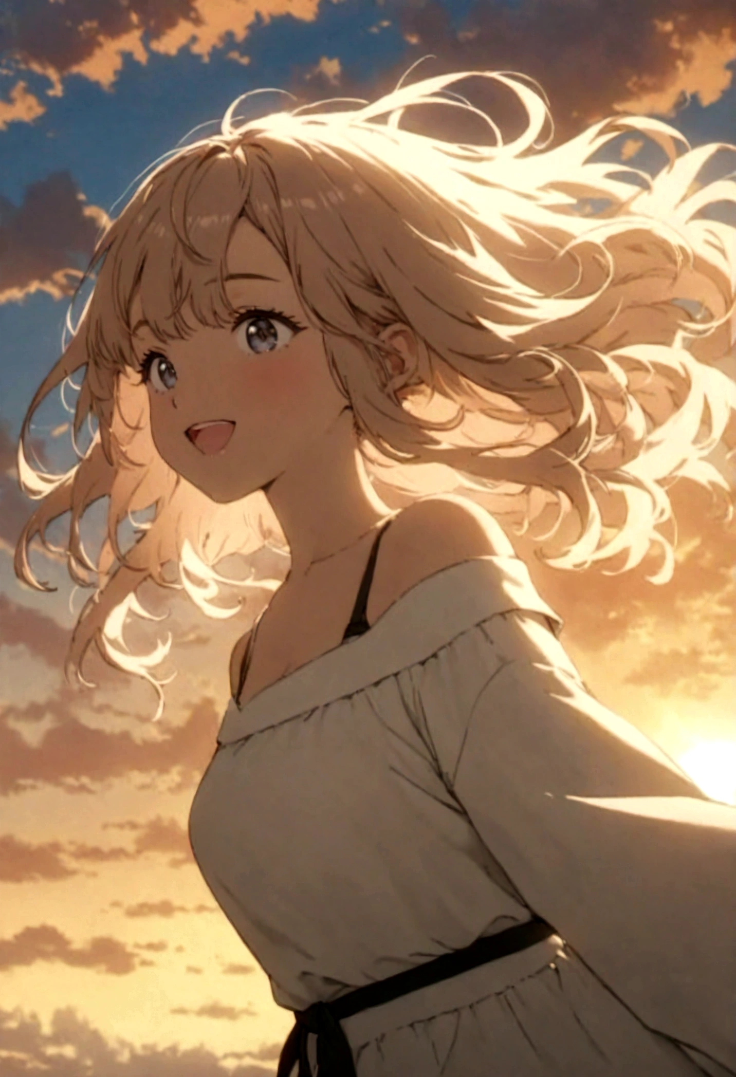 masterpiece, highest quality, Movie stills, One girl, Cloud Girl, Floating in the sky, close, bright, Happy, Warm and soft lighting, sunset, (spark:0.7)