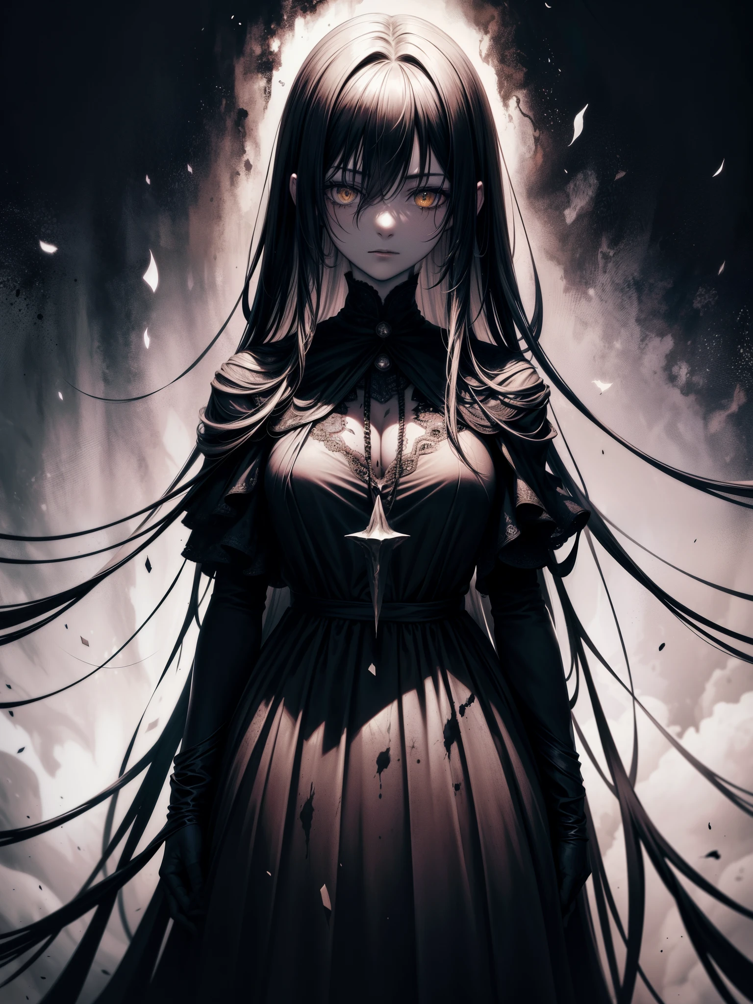 horror film style the image portrays a dark and enigmatic figure, clad in a long cloak that obscures their identity. the figure is situated within a circular motif composed of splattered black ink, reminiscent of an ethereal halo or aura surrounding them. this motif encircles the figure, further emphasizing its significance. the backdrop consists of yellowish splatters, which contrast with the darker tones of the figure and the black motif. these splatters are scattered across the canvas, creating a sense of chaos and unpredictability. overall, this artwork exudes a mysterious and dramatic atmosphere, leaving viewers to speculate about the identity and intentions of the cloaked figure at its center. . suspenseful music, dark visuals, supernatural events, jump scares
photography. Natural geographic photo. trending on artlist, Hyper-realistic, 16k resolution, intricate details.
(masterpiece, award winning artwork)
many details, extreme detailed, full of details,
Wide range of colors, high Dynamic
OverallDetailXL
ElementsMix, fire, water, wind, earth