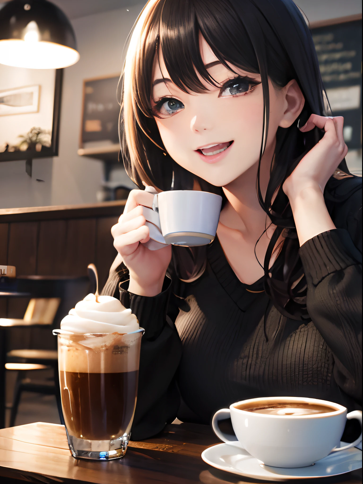 (masterpice,Top image quality,4K,8K,)Woman eating keki in a coffee shop、Happy face、Satisfied look、cute face、Sitting on a table、The background is a seat in a coffee shop、Shooting from front