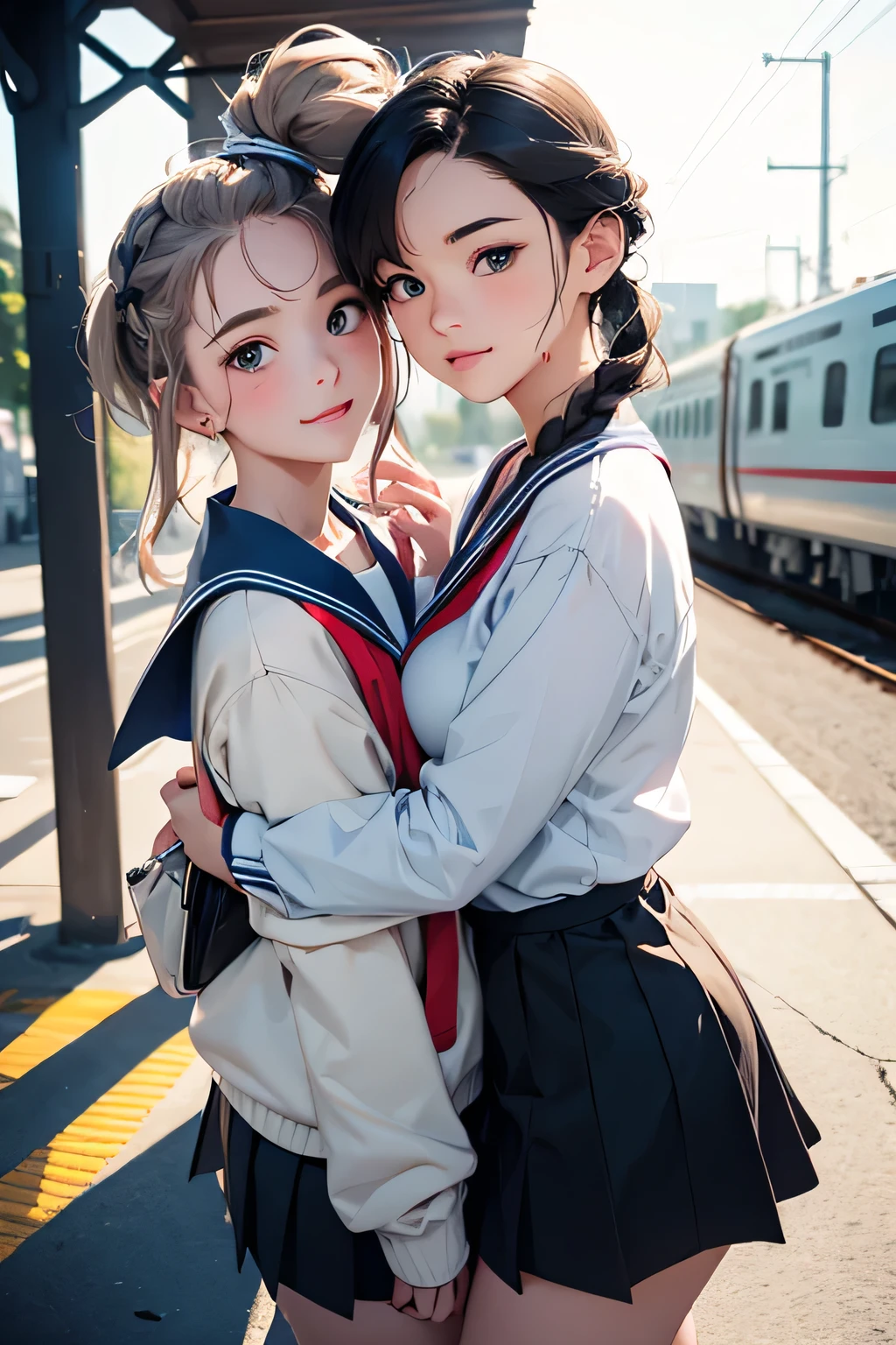 highest quality、High resolution、Detailed Background、(Beautiful face in every detail:1.4)、Anatomically correct、(Detailed facial expressions)、(Detailed eyes:1.2)、Teenage beauty、(Highly detailed face:1.4)、(Huge breasts:1.1)、Cute hair colour、Bobcut、Braided Ponytail、well-groomed eyebrows、Accentuate your breasts、Glasses、White Sailor Suit、Light blue sailor collar、School Cardigan、Checkered pleated mini skirt、White Stockings、On the way to school、Wait for the train at the station platform、(Two beautiful girls having fun:1.5)、Laughter、smile、sexual expression、Please show me your whole body、Playfully hugging、Cute gestures