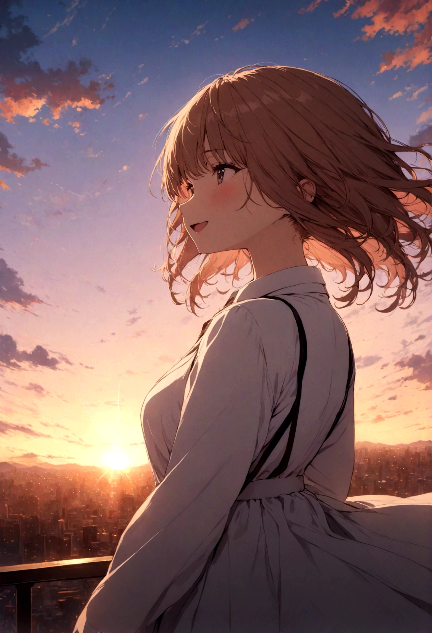 masterpiece, highest quality, Movie stills, One girl, Cloud Girl, Floating in the sky, close, bright, Happy, Warm and soft lighting, sunset, (spark:0.7)