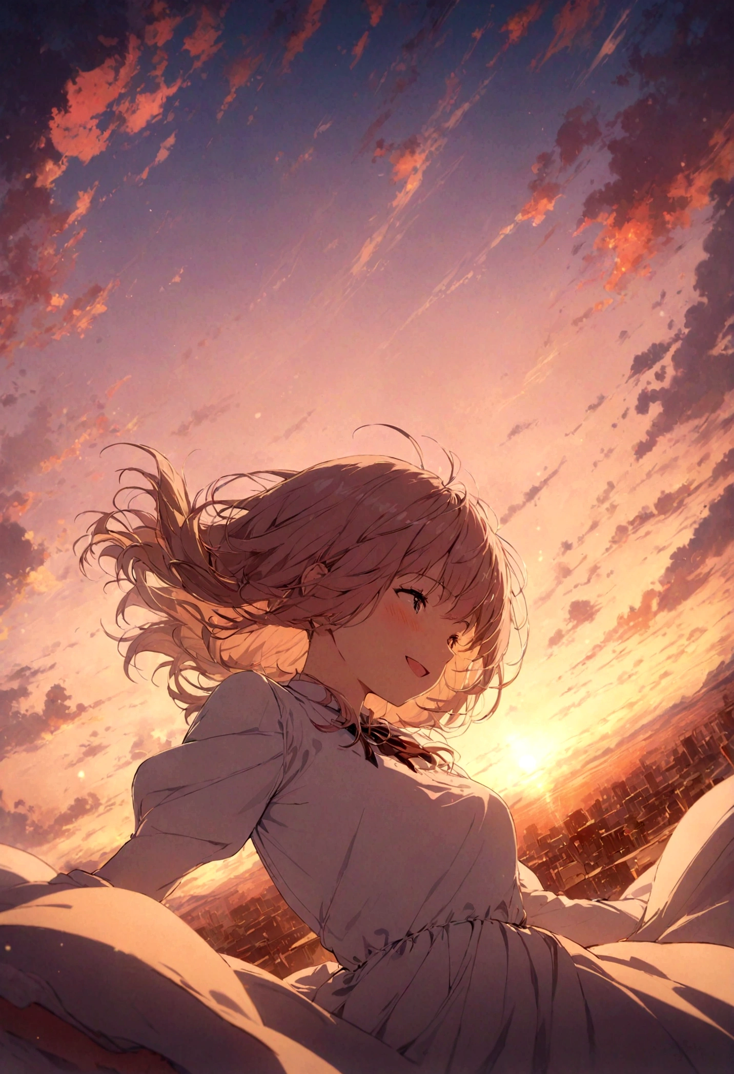 masterpiece, highest quality, Movie stills, One girl, Cloud Girl, Floating in the sky, close, bright, Happy, Warm and soft lighting, sunset, (spark:0.7)