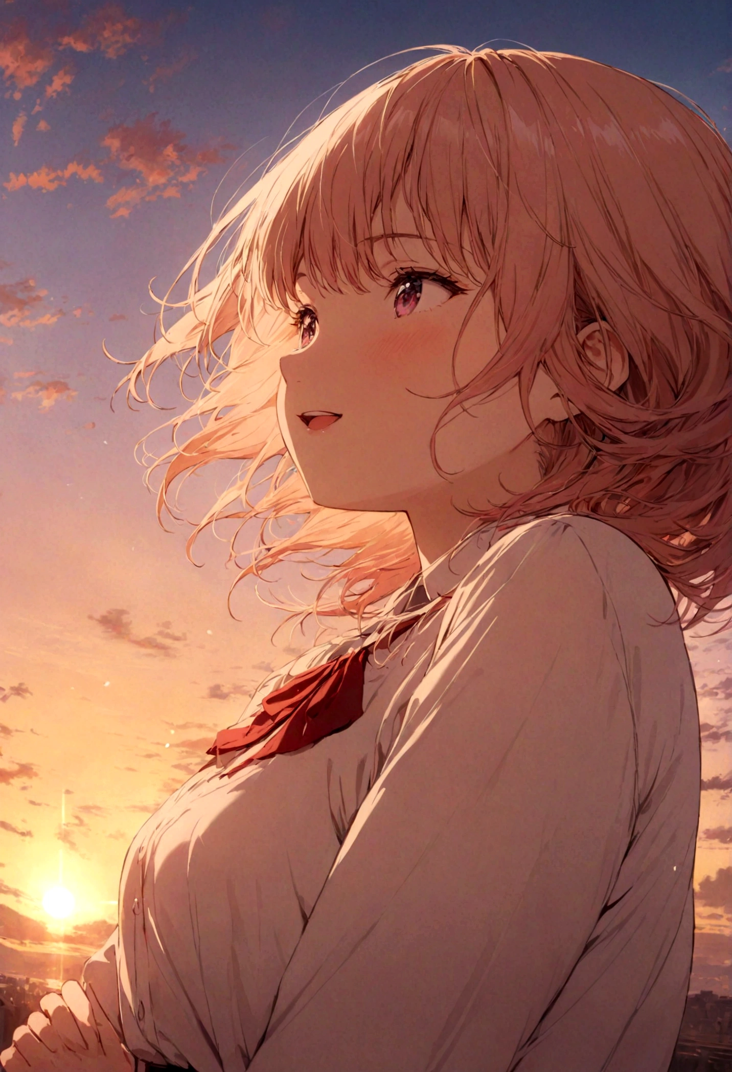 masterpiece, highest quality, Movie stills, One girl, Cloud Girl, Floating in the sky, close, bright, Happy, Warm and soft lighting, sunset, (spark:0.7)