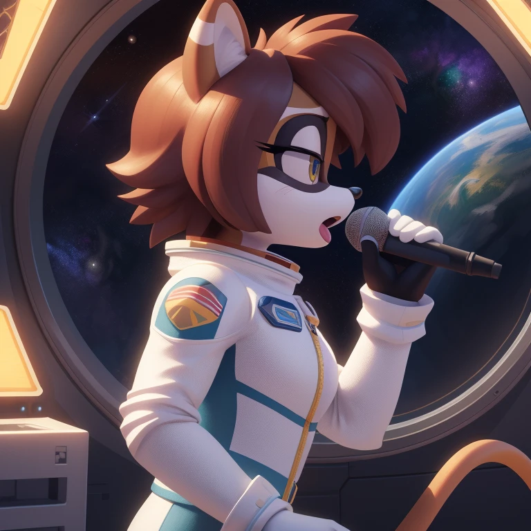 ((masterpiece)), studio quality, highly detailed, extreme detailed, high quality, max detailed, very detailed, detailed background, intricate details, detailed shadows, mobian, medium breast, 1girl, racoon, attractive, gorgeous body, spacesuit, medium hair, long bangs, space, universe, side view, pixarstyle, 3d, singing