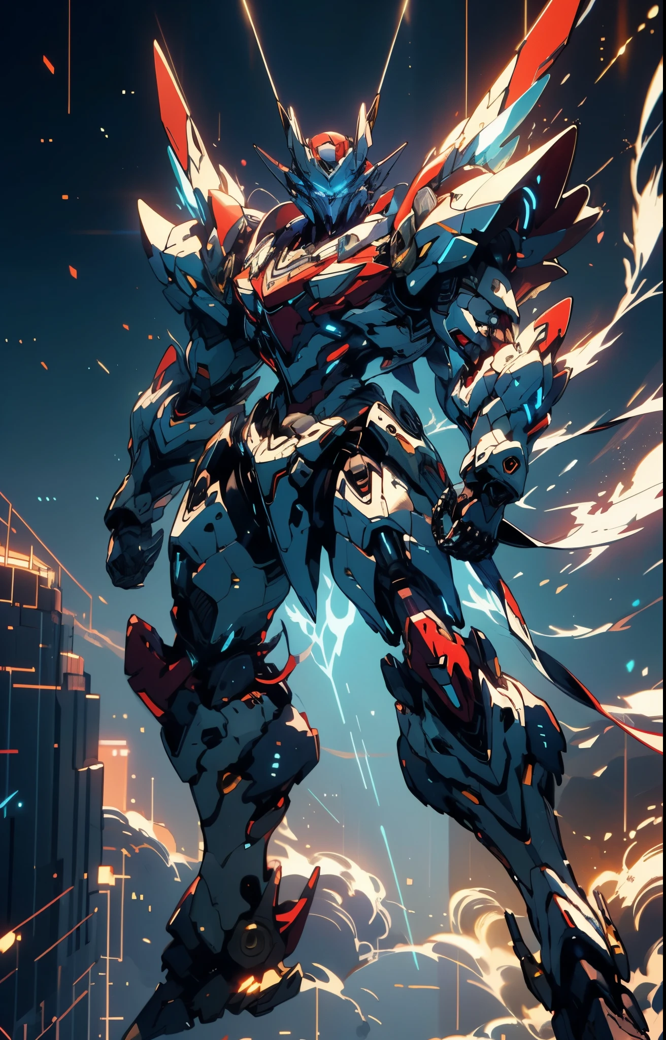 Humanoid Mecha, fully enclosed shoulder guards, matching arm and leg guards, full body, full armor, super robot, the design balances heavy with agility, (the color scheme is primarily white with red and blue accents, the concept Inspired by super robot, artificial muscle chest armor, pose, standing, floating high above the futuristic sci-fi city), exquisite and mature art style, (aura effect, energy, glowing eyes, the armor glows), ((SRS)), metallic, dramatic, high definition, best quality, highres, ultra-detailed, ultra-fine painting, extremely delicate, professional, perfect body proportions, anatomically correct, symmetrical face, extremely detailed eyes and face, high quality eyes, creativity, RAW photo, UHD, 32k, Natural light, cinematic lighting, masterpiece-anatomy-perfect, masterpiece:1.5