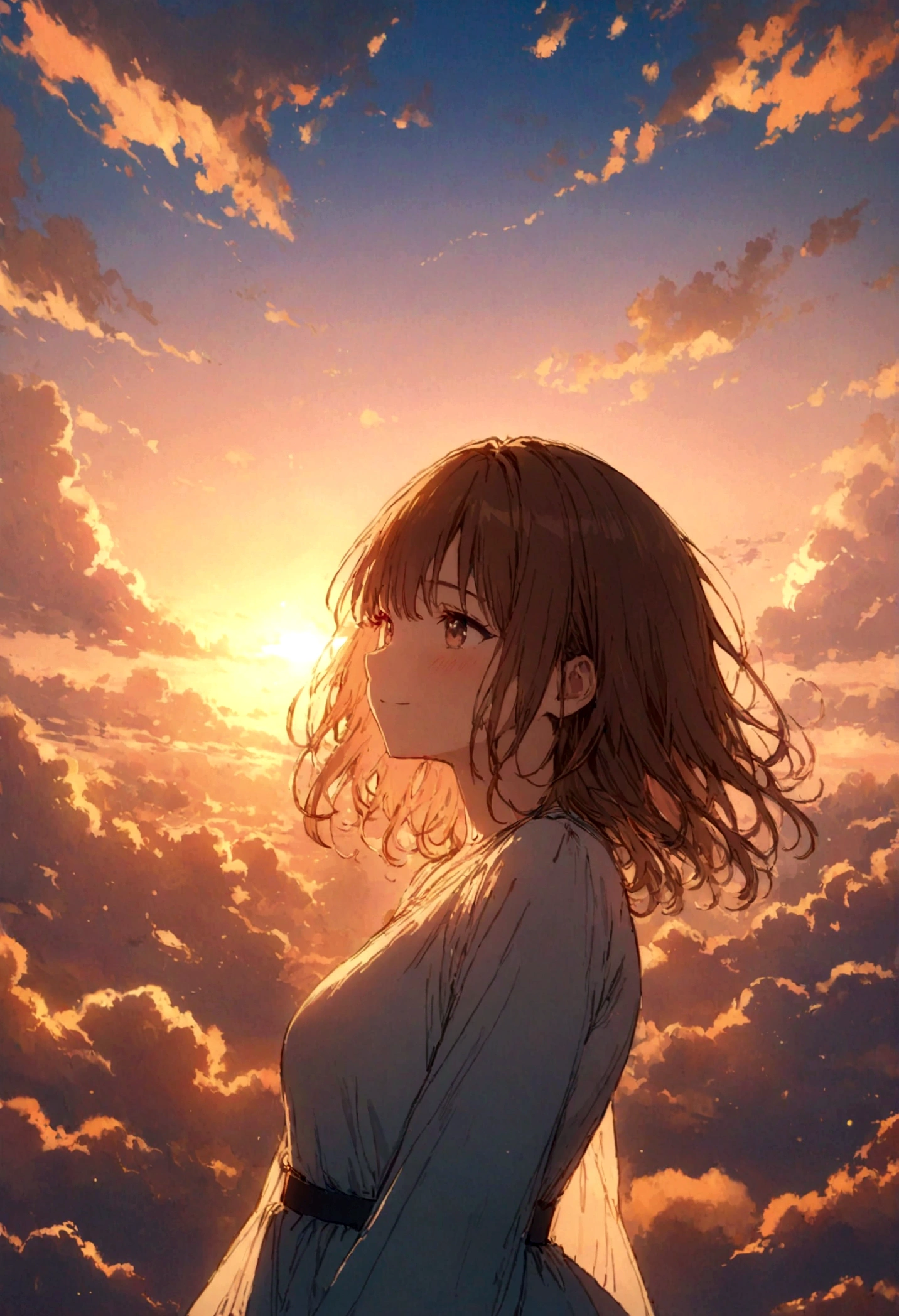 masterpiece, highest quality, Movie stills, One girl, Cloud Girl, Floating in the sky, close, bright, Happy, Warm and soft lighting, sunset, (spark:0.7)