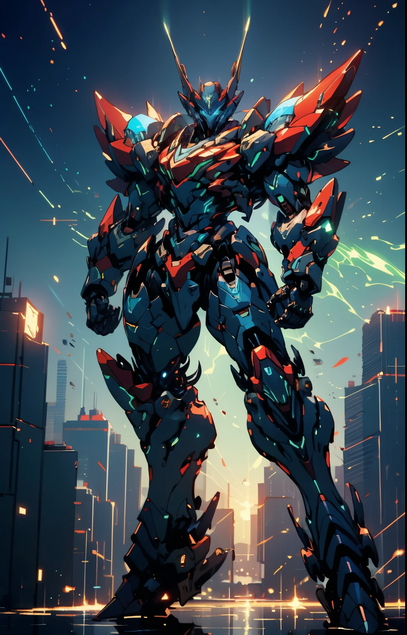 Humanoid Mecha, fully enclosed shoulder guards, matching arm and leg guards, full body, full armor, super robot, the design balances heavy with agility, (the color scheme is primarily white with red and blue accents, the concept Inspired by super robot, artificial muscle chest armor, pose, standing, floating high above the futuristic sci-fi city), exquisite and mature art style, (aura effect, energy, glowing eyes, the armor glows), ((SRS)), metallic, dramatic, high definition, best quality, highres, ultra-detailed, ultra-fine painting, extremely delicate, professional, perfect body proportions, anatomically correct, symmetrical face, extremely detailed eyes and face, high quality eyes, creativity, RAW photo, UHD, 32k, Natural light, cinematic lighting, masterpiece-anatomy-perfect, masterpiece:1.5