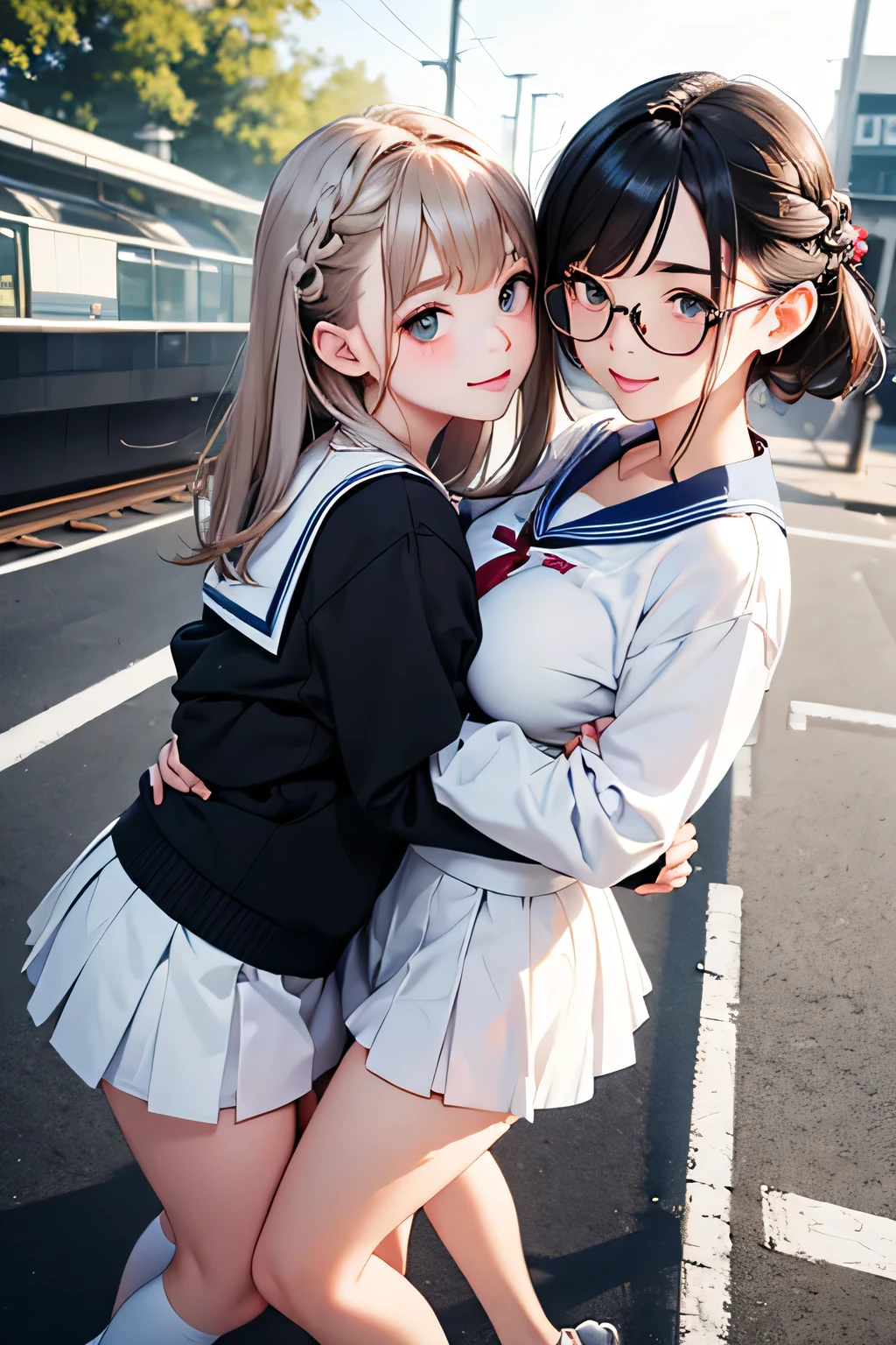 highest quality、High resolution、Detailed Background、(Beautiful face in every detail:1.4)、Anatomically correct、(Detailed facial expressions)、(Detailed eyes:1.2)、age beauty、(Highly detailed face:1.4)、(Huge breasts:1.1)、Cute hair colour、Bobcut、Braided Ponytail、well-groomed eyebrows、Accentuate your breasts、Glasses、White Sailor Suit、Light blue sailor collar、School Cardigan、Checkered pleated mini skirt、White Stockings、On the way to school、Wait for the train at the station platform、(Two beautiful girls having fun:1.5)、Laughter、smile、sexual expression、Please show me your whole body、Playfully hugging、Cute gestures