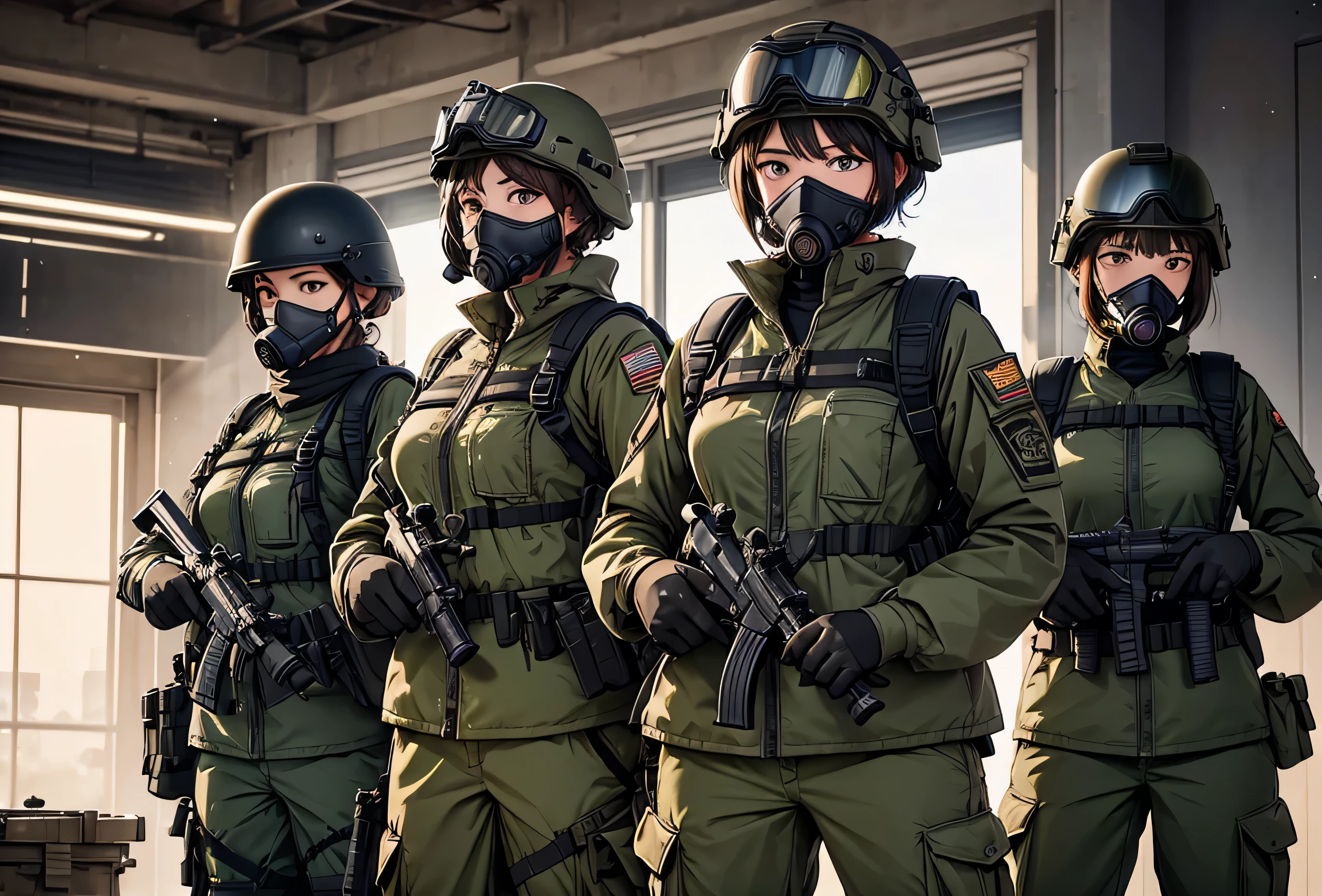 Four female special forces soldiers wearing gas masks、Shoulder to Shoulder、Raise a gun and shoot、Put on a helmet、Wear goggles、M51 Military Uniform,front,military trousers、ammo pouch、Tactical harness、Write details、masterpiece、best quality、Highly detailed CG、8K picture quality、theater lighting、lens flare