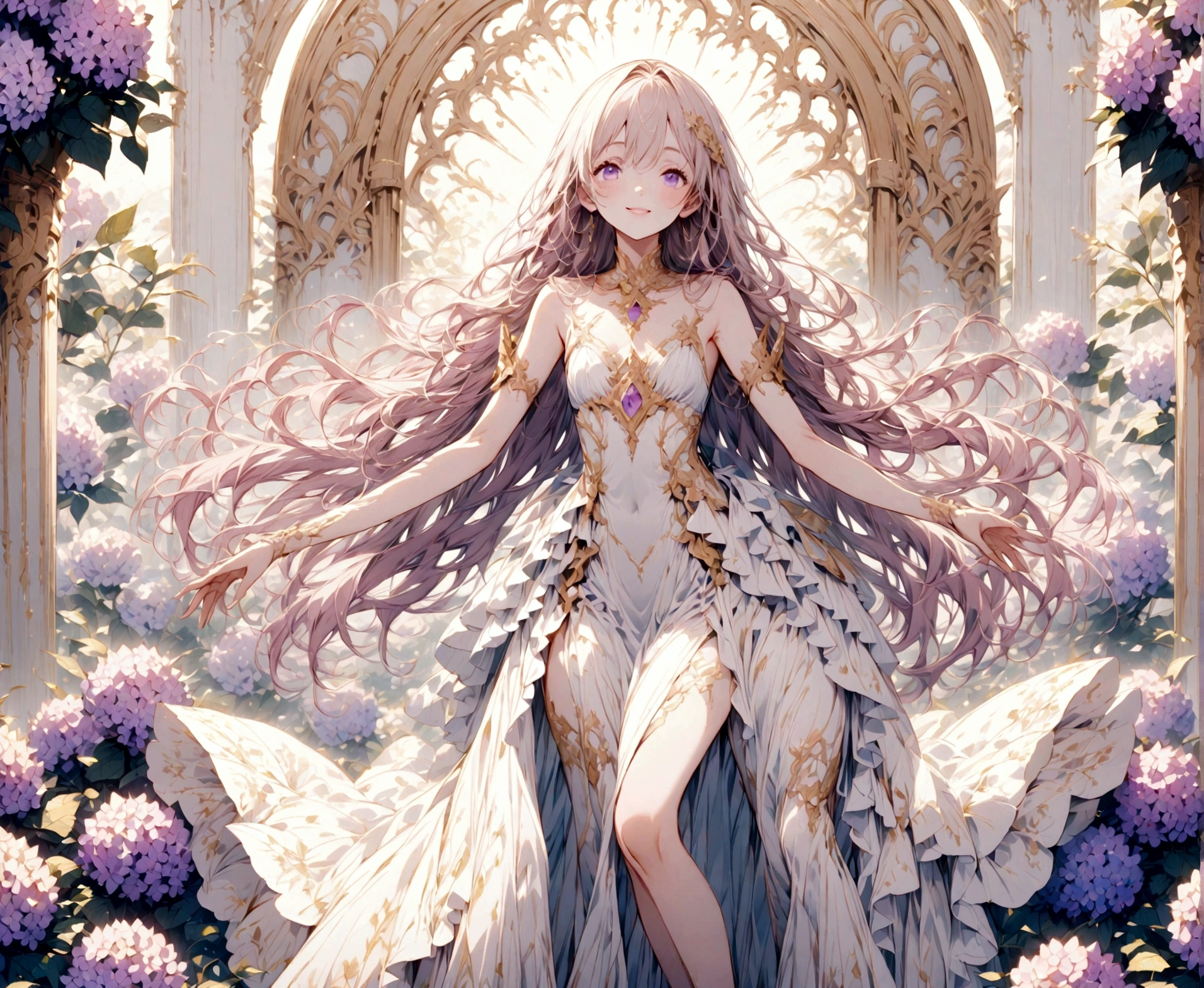 God on a background of pale pink and purple hydrangeas々A beautiful goddess stands alone, smiling gently.　Long Straight Hair　Dresses with delicate patterns　whole body　Standing posture　pull　With open arms