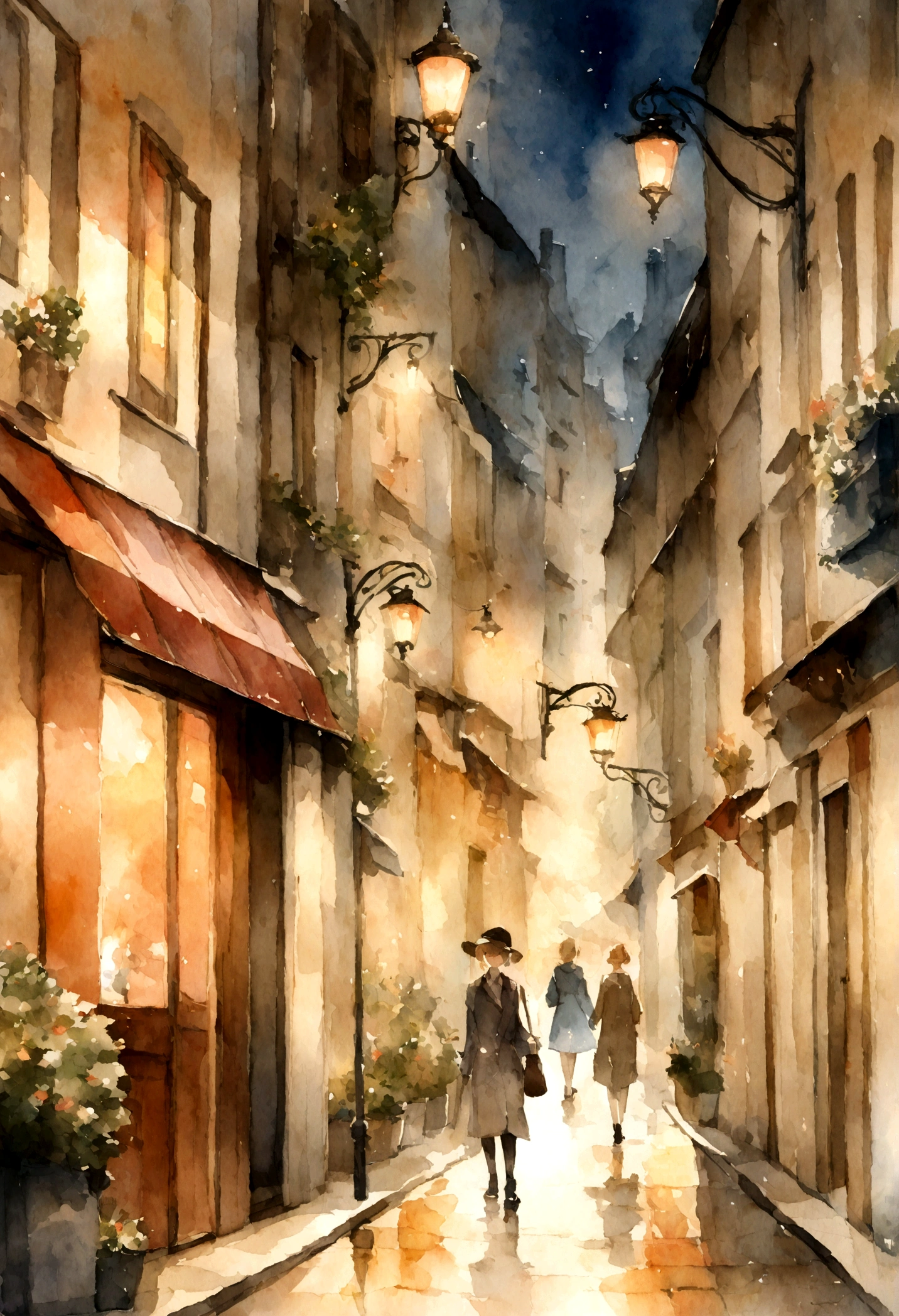 Paris Street, flashlight, Watercolor