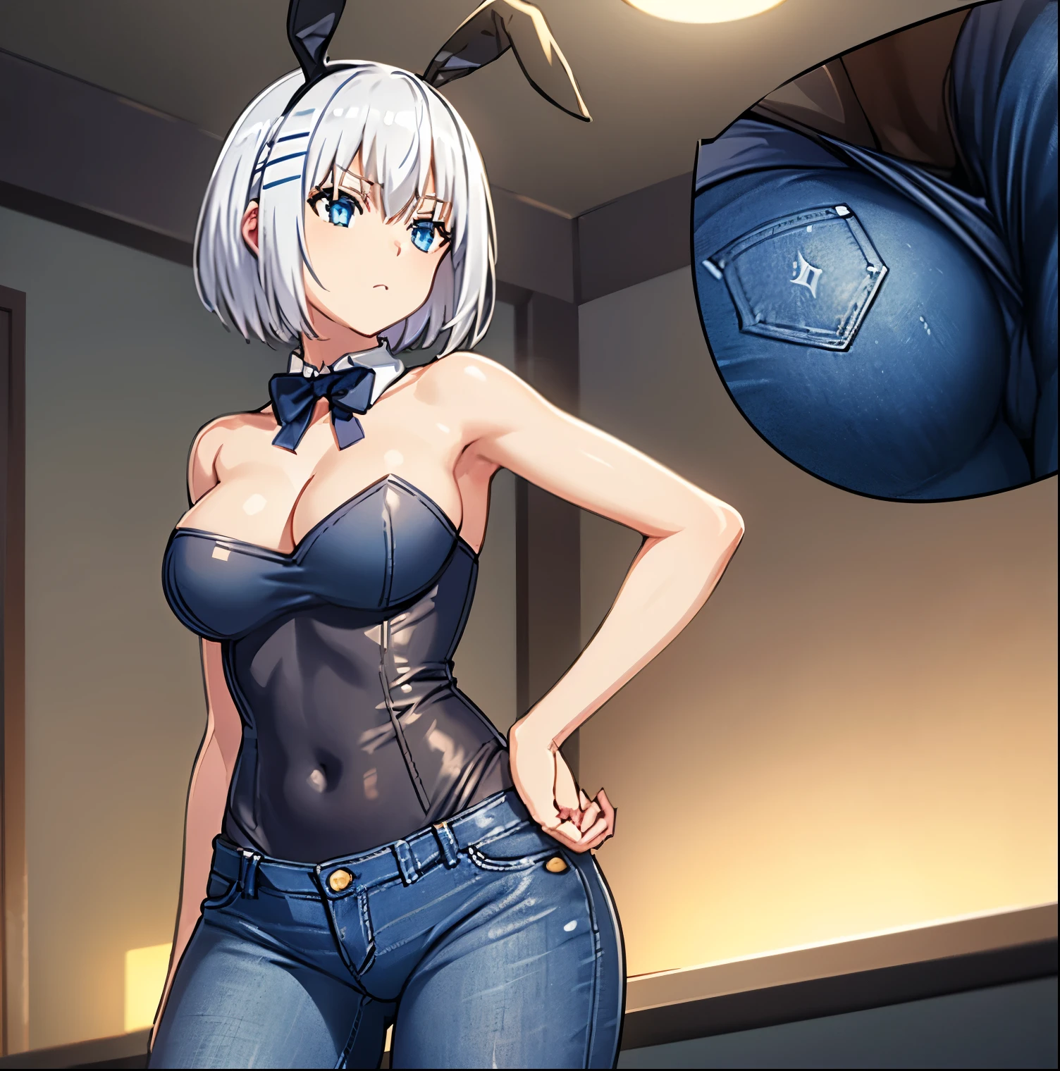 1 girl, alone, tobiichi origami, short hair, blue eyes, hair ornament, ribbon, white hair, blue playboy bunny outfit, cleavage, blue headband, blue bunny ears, black pantyhose, blue heels, room, bedroom, standing, hand on waist, looking at viewer, looking back, from behind, focus on ass, point of view (from below), large breasts, medium waist, wide hips, medium thighs, round butt, 1 girl, only (jeans photo: 1.5), (masterpiece: 1.2), best quality, high resolution, Unity 8k wallpaper, (artwork: 0.8), (beautiful detailed eyes: 1.6), extremely detailed face, lighting perfect, extremely detailed CG (perfect hands, perfect anatomy),