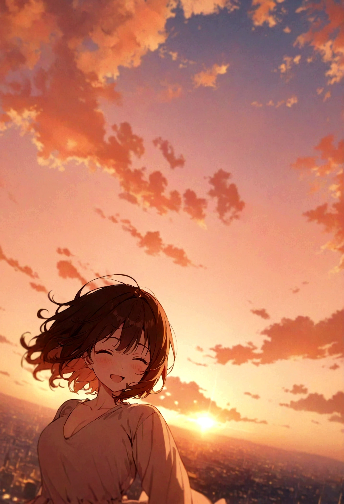 masterpiece, highest quality, Movie stills, One girl, Cloud Girl, Floating in the sky, close, bright, Happy, Warm and soft lighting, sunset, (spark:0.7)