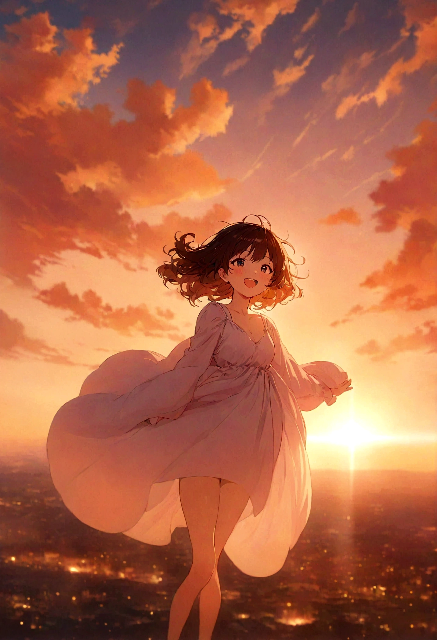 masterpiece, highest quality, Movie stills, One girl, Cloud Girl, Floating in the sky, close, bright, Happy, Warm and soft lighting, sunset, (spark:0.7)