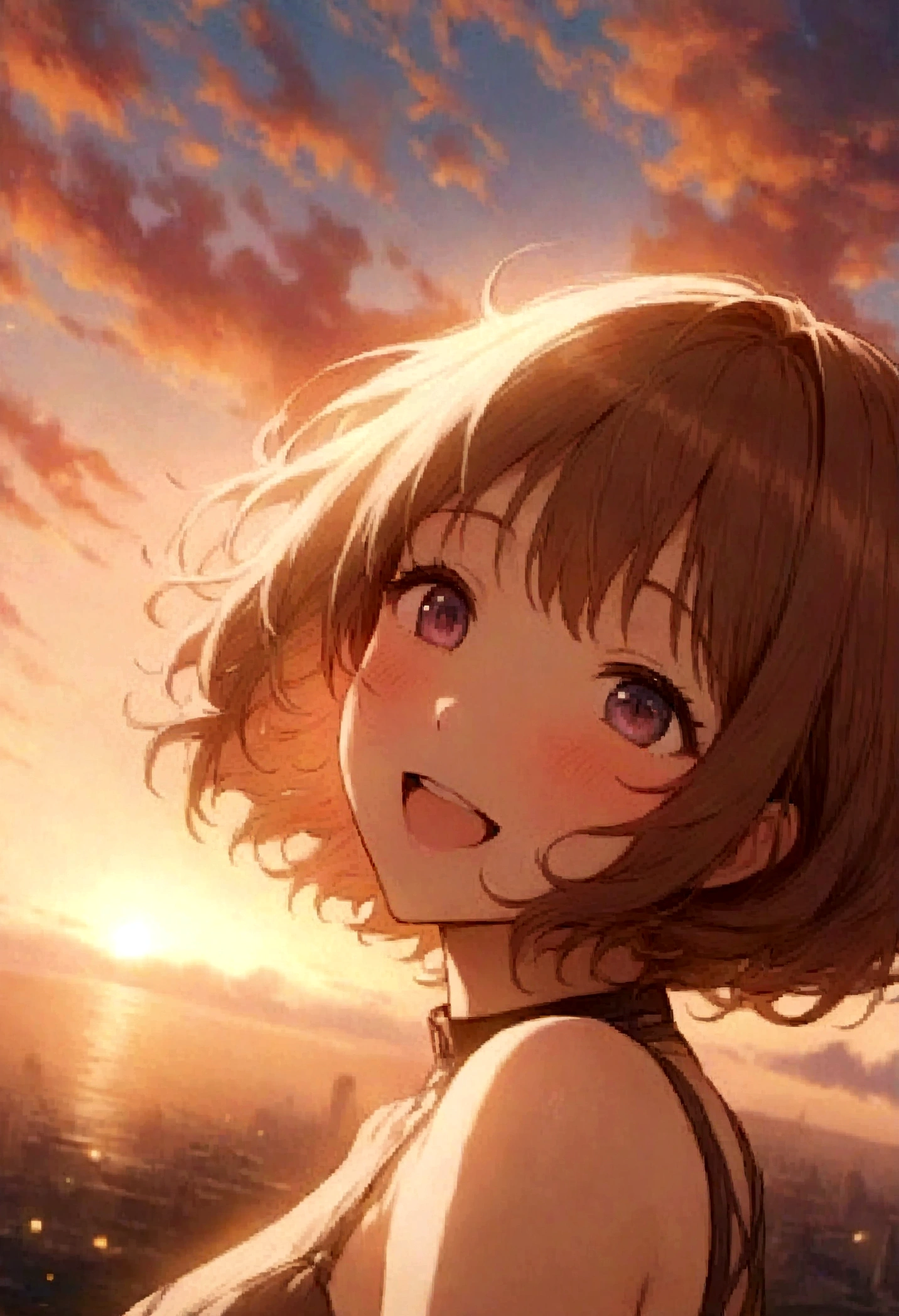 masterpiece, highest quality, Movie stills, One girl, Cloud Girl, Floating in the sky, close, bright, Happy, Warm and soft lighting, sunset, (spark:0.7)