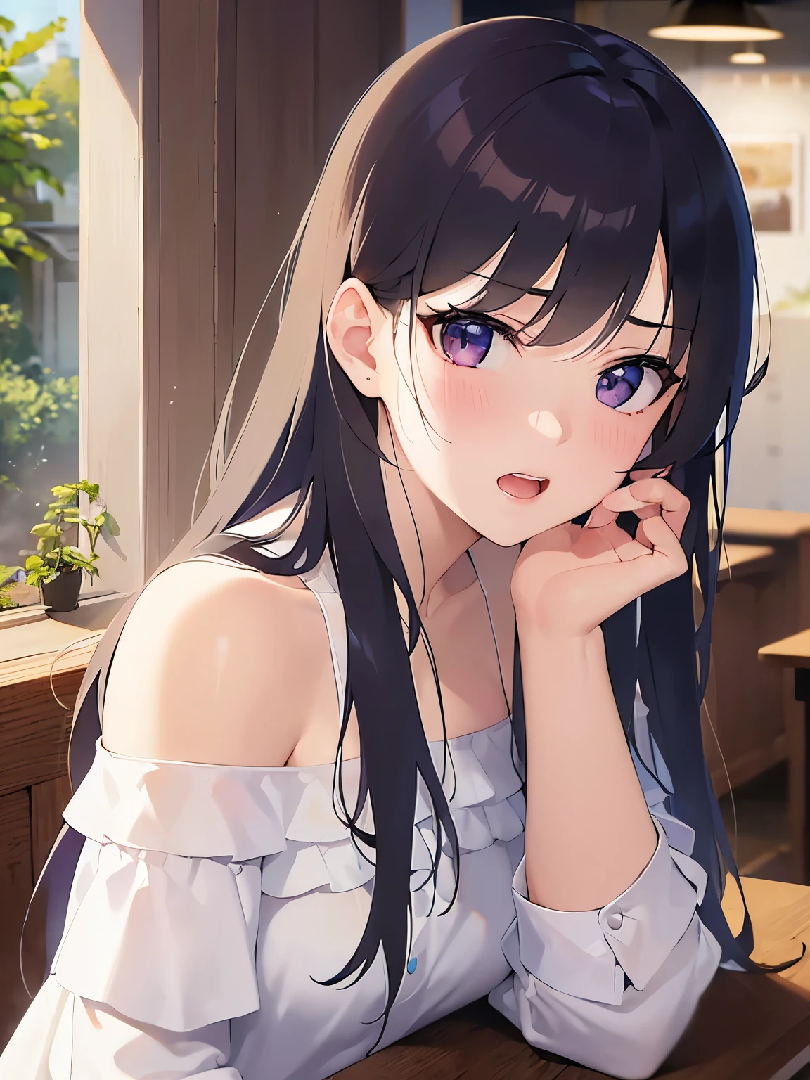 highest quality,masterpiece,Detailed CG, Ultra-fine illustrations,BREAK(white off shoulder long blouse:1.5)BREAK, Realistic, real person,(pale skin:1.2), RAW photo, photorealistic, shiny skin, shiny hair,(A 26-year-old woman with straight hair and bangs) and (medium hair) and (black hair) and (purple eyes) ,(embarrassed:1.4), angry, open mouth,(blush:1.1),hand on own cheek,Biologically correct５Finger,missing fingers,The background is a coffee shop,sitting on a chair,Alone