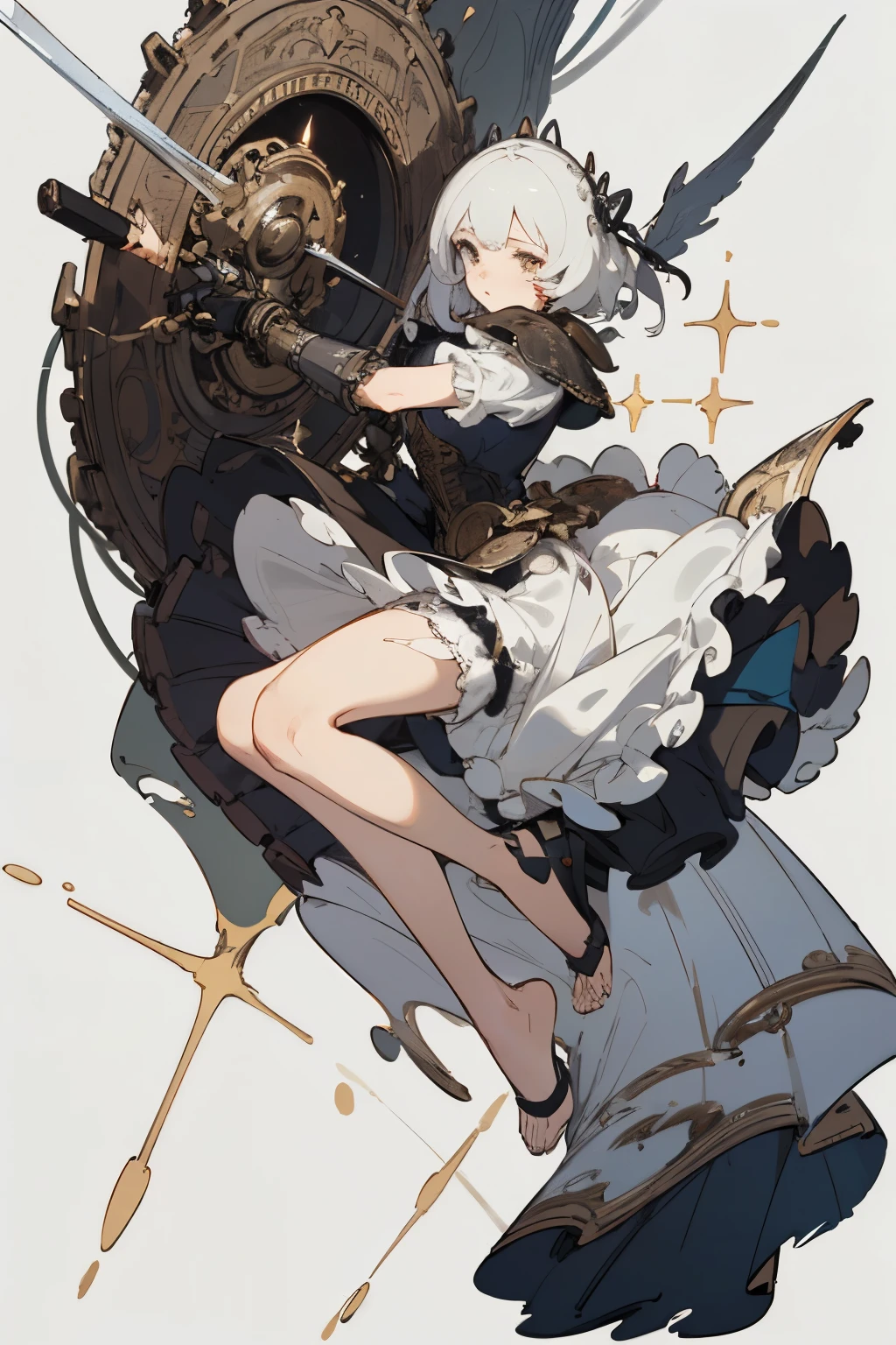 ((best quality)), ((masterpiece)), (detailed), perfect face ((best quality)), ((masterpiece)), (detailed), blank white background, plain background, white background, Bloodborne inspired, occult aesthetic, occult, detailed and intricate steampunk and detailed gothic, (zentangle, mandala, tangle, entangle), NSFW, Very dramatic and cinematic lighting, cosmic horror, grim-dark, side-lighting, perfect face, a beautiful goddess adorned and enshrined in armour, Fluttering lace flared short dress with frilly petticoats, Bloodborne inspired , occult aesthetic , occult , detailed and intricate steampunk and detailed gothic , wielding a sword and holding a shield, NSFW, beautiful small breasts, small breasts, full body, whole body, body, plain background, white background, blank background, no background, white background NSFW, full body, whole body, head-to-toe