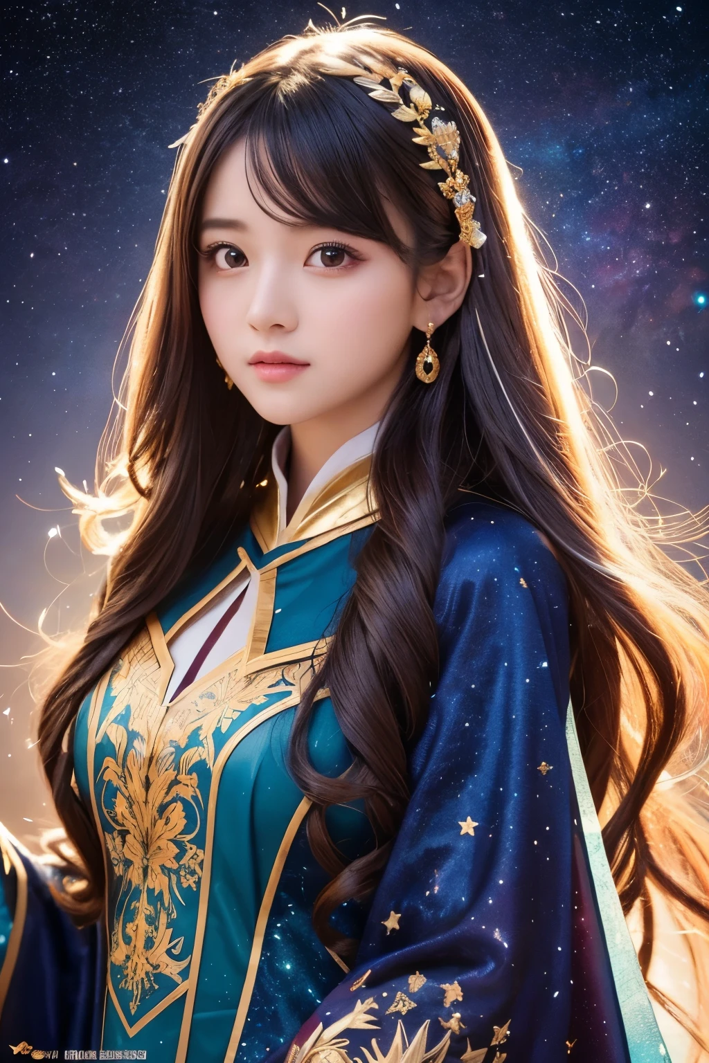 A young woman standing with the universe as a background、Wearing gorgeous cosplay costumes。Her hair is long、It's purple and tied in twin tails.。The costume is based on blue-green.、Gold decorations and ribbons are used everywhere.。The dress features ruffles and buttons.、The sleeves have white ruffles。
Her expression is full of confidence.、Looking straight into the camera。The background features fantastic light effects like stars and galaxies.、highlights her presence。The details of the costume are intricately embroidered and decorated.、It's a very intricate design。
Her appearance is、It's like an anime or game character.、The overall look is fantastical and unrealistic.。The background and the costumes match、It enhances her presence even more.。