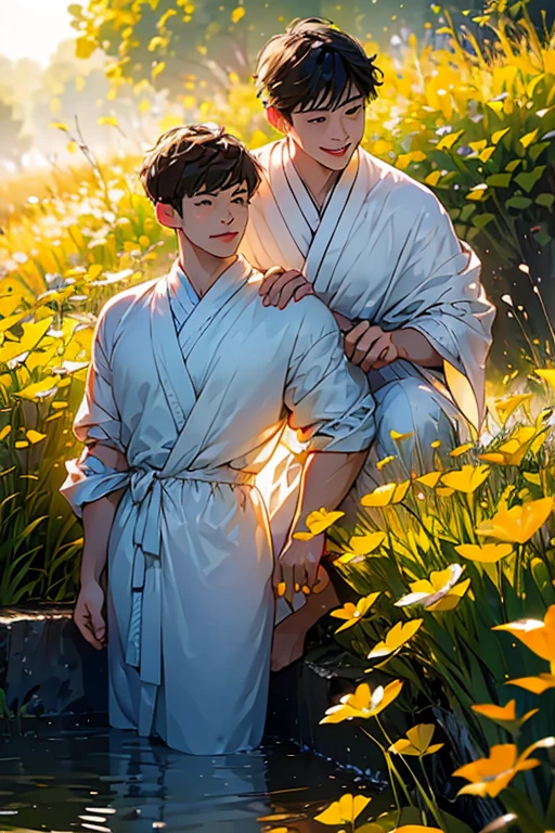 (in 8K、top-quality、masterpiece:1.2)、2 boy、short-haired、Hair short、Brown-skinned、Yellow view、