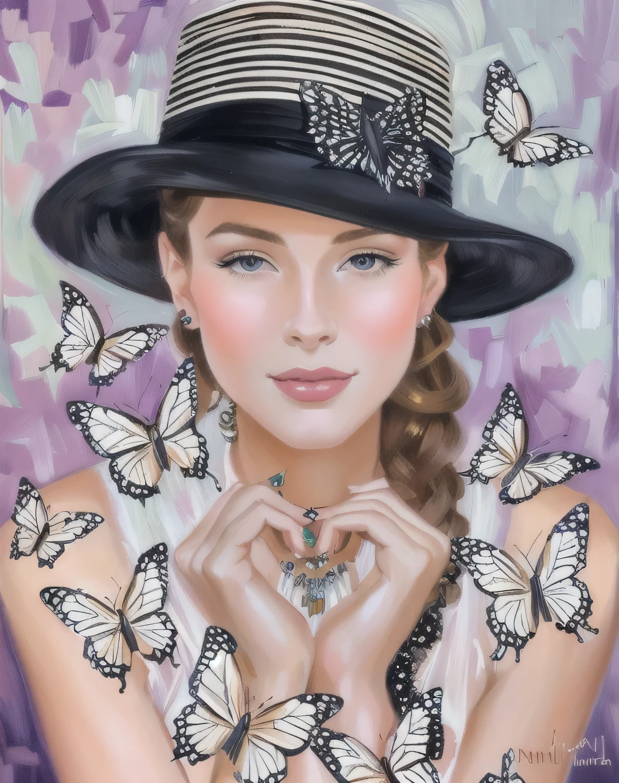 painting of a woman with a hat and butterflies in her hands, gorgeous art, stunning art, inspired by J. C. Leyendecker, inspired by J.C. Leyendecker, fantastic art, mandy jurgens art, by Nil Gleyen, by Elina Karimova, beautiful art, by Jennifer Janesko, woman with hat, amazing art