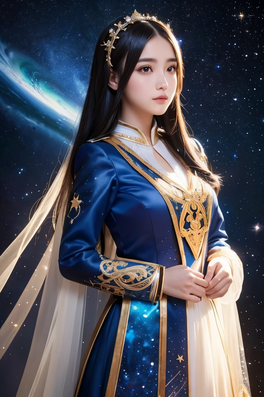 A young woman standing with the universe as a background、Wearing gorgeous cosplay costumes。Her hair is long、It's purple and tied in twin tails.。The costume is based on blue-green.、Gold decorations and ribbons are used everywhere.。The dress features ruffles and buttons.、The sleeves have white ruffles。
Her expression is full of confidence.、Looking straight into the camera。The background features fantastic light effects like stars and galaxies.、highlights her presence。The details of the costume are intricately embroidered and decorated.、It's a very intricate design。
Her appearance is、It's like an anime or game character.、The overall look is fantastical and unrealistic.。The background and the costumes match、It enhances her presence even more.。