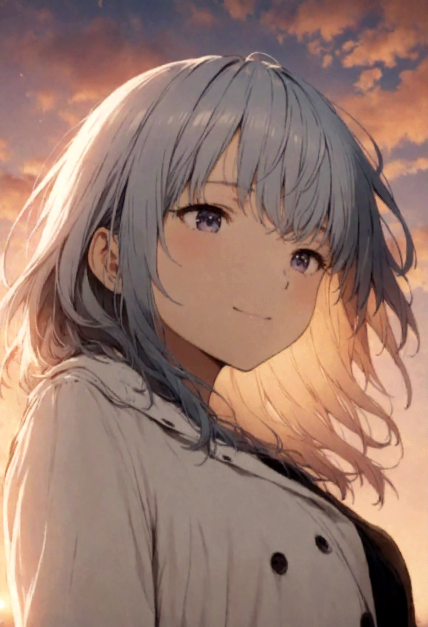 masterpiece, highest quality, Movie stills, One girl, Cloud Girl, Floating in the sky, close, bright, Happy, Warm and soft lighting, sunset, (spark:0.7)