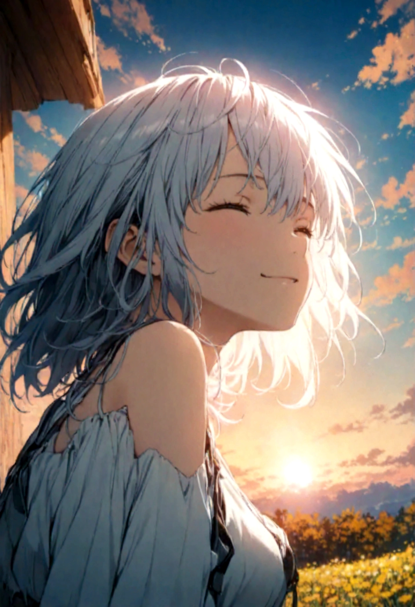 masterpiece, highest quality, Movie stills, One girl, Cloud Girl, Floating in the sky, close, bright, Happy, Warm and soft lighting, sunset, (spark:0.7)