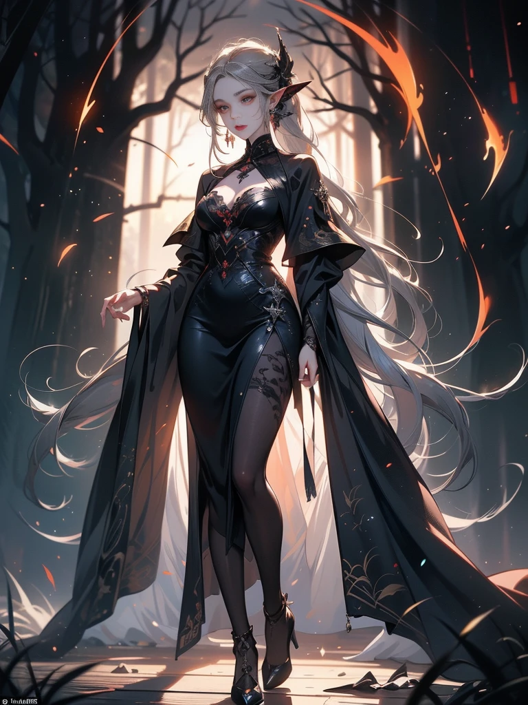(幽静bamboo forest的月夜:2.0),(skirt:1.9),Not written,Ethereal Background,Mysterious atmosphere,RAW photos,16K,drama灯光,Colorful,high quality,Precise focus,4D Cinema,drama,Surreal illustration,Super detailed,absurd,Complex Mode, atmosphere,Ultra-high resolution, (Realistically:1.4),(Fractal Art:1.3),(Breasts naturally droop outwards),(Large Breasts),(Silver Hair),(Showing shoulders and thighs),Ghost world,night,moon,bamboo forest,Bamboo Leaves,Light and Shadow,(A woman walking)