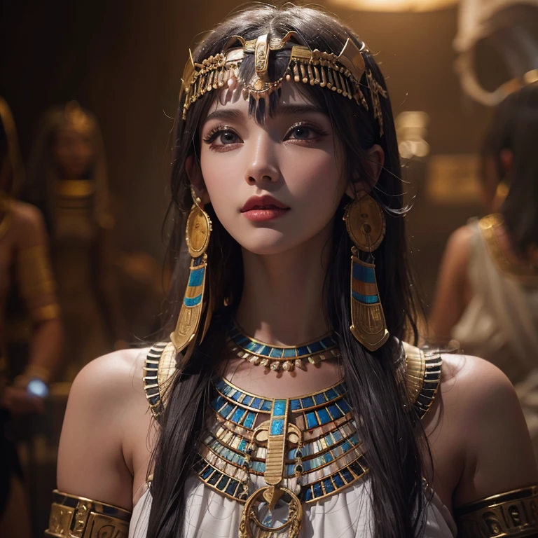 Standing in an ancient Egyptian cave、Hair blowing in the wind 、 ((highest quality、masterpiece、8k、Best image quality、Ultra-high resolution、Award-winning works)、(Accurate anatomy:1.1)、(Look at me and smile:1.0)、Shining fair skin with Ultra-high resolution、The most detailed face、Ultra-high resolution detailed face、Ultra-high resolutionの髪の毛、(Ultra-high resolution eye:1.1)、Beautiful face drawn in every detail、Ancient Egyptian costumes, Chest to chest,  Dark atmosphere,Dark atmosphere, Ancient Egyptian makeup, 